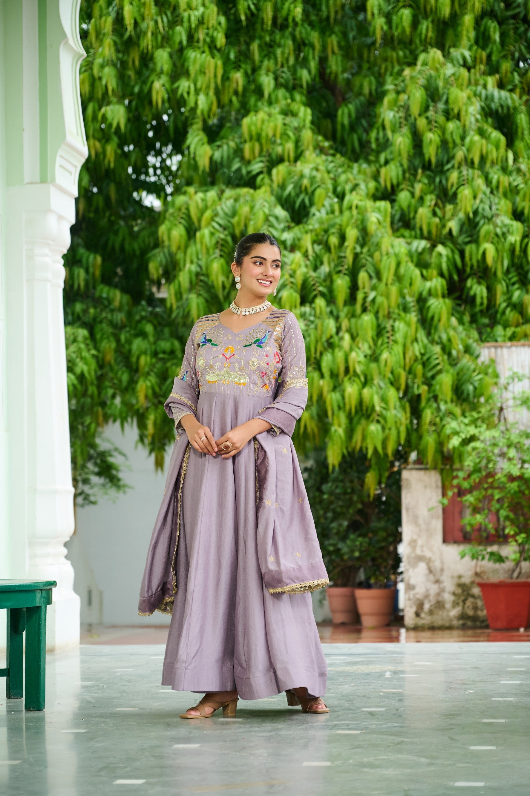 Lorenvalley Fashion Onionpink Vichitra Silk with Rich Sequins Multi Thread & Zari Embroidered work Anarkali Gown with Dupatta - Swadesiicart