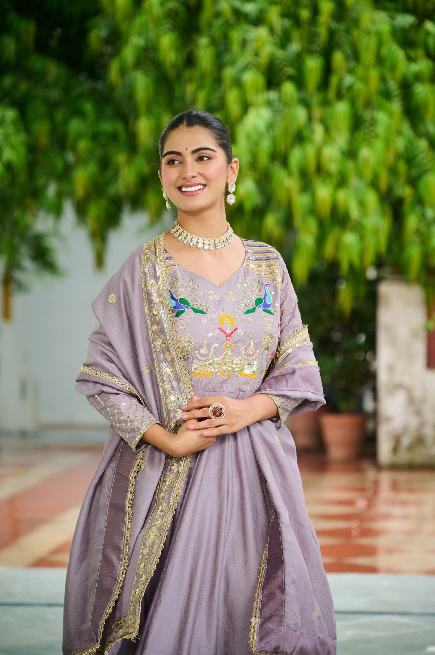 Lorenvalley Fashion Onionpink Vichitra Silk with Rich Sequins Multi Thread & Zari Embroidered work Anarkali Gown with Dupatta - Swadesiicart
