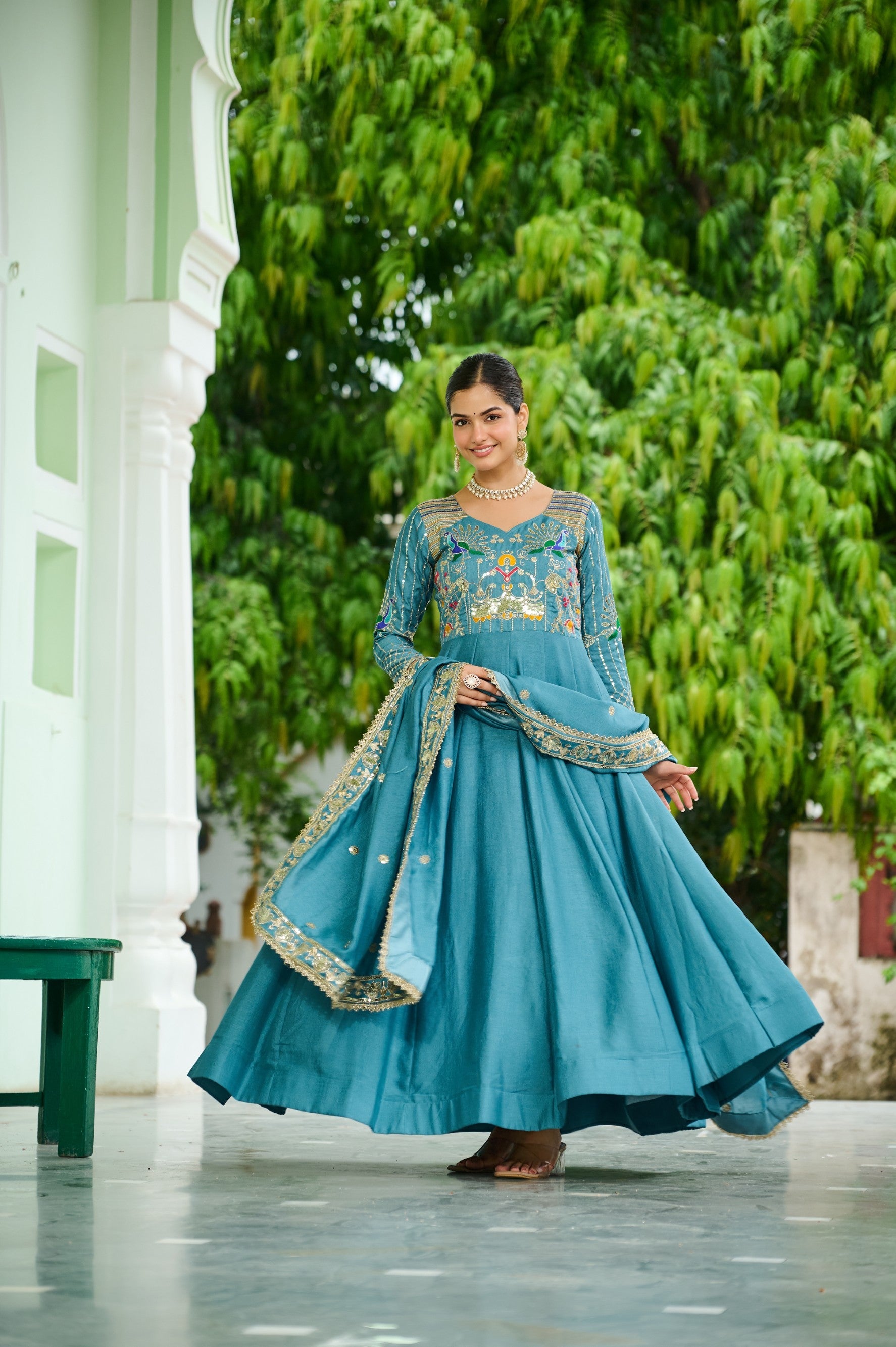 Lorenvalley Fashion Skyblue Vichitra Silk with Rich Sequins Multi Thread & Zari Embroidered work Anarkali Gown with Dupatta - Swadesiicart