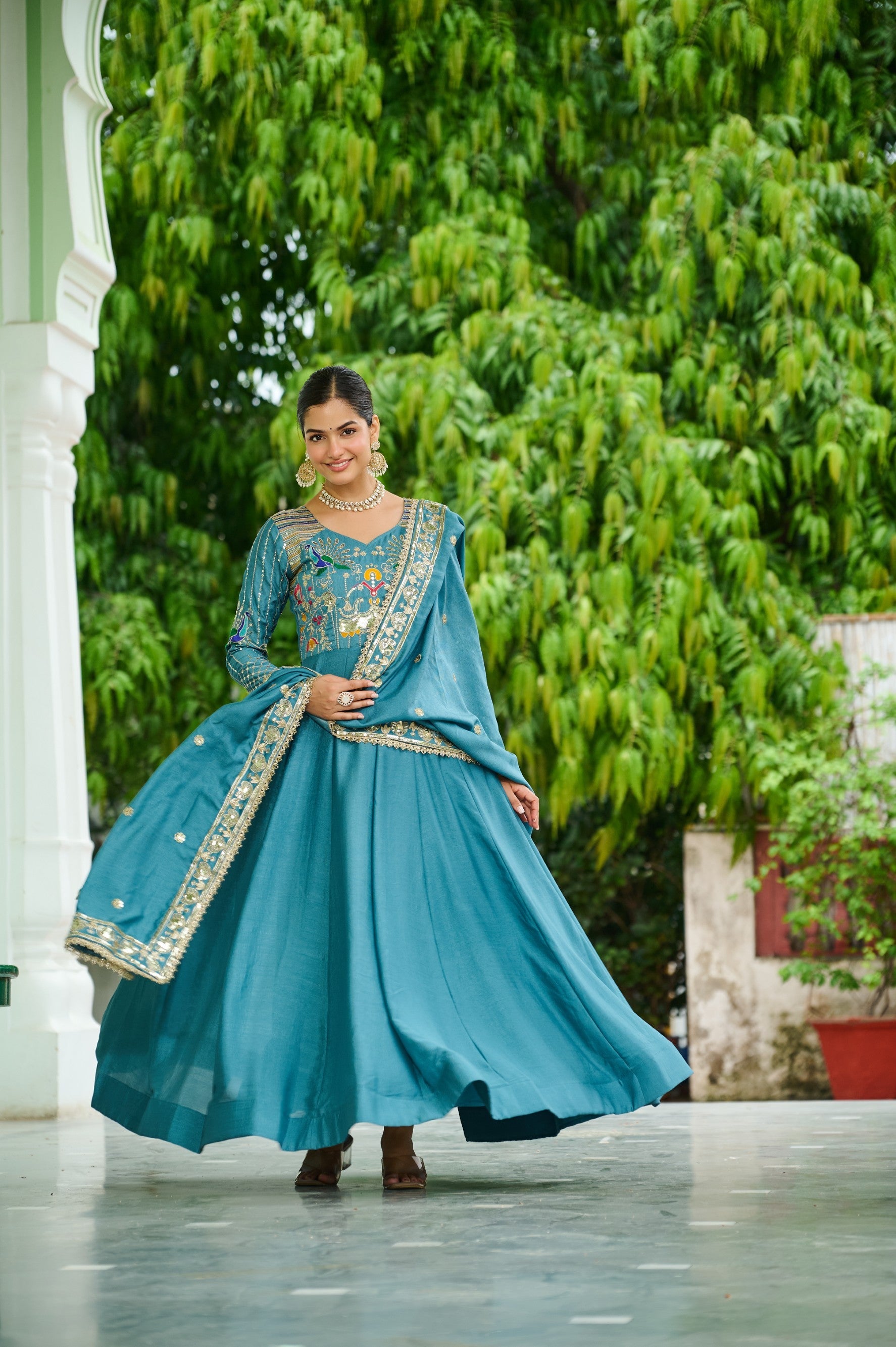 Lorenvalley Fashion Skyblue Vichitra Silk with Rich Sequins Multi Thread & Zari Embroidered work Anarkali Gown with Dupatta - Swadesiicart