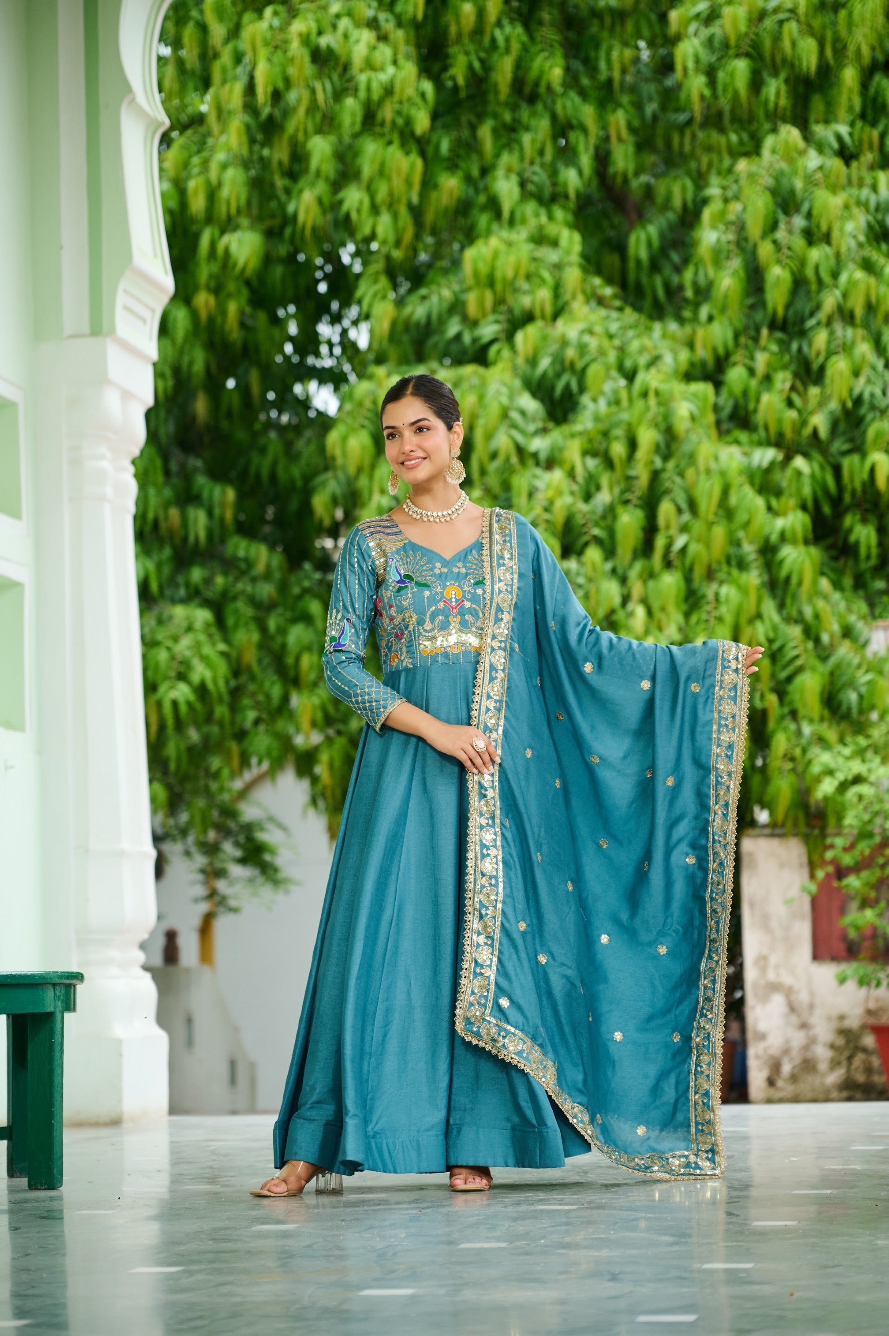 Lorenvalley Fashion Skyblue Vichitra Silk with Rich Sequins Multi Thread & Zari Embroidered work Anarkali Gown with Dupatta - Swadesiicart