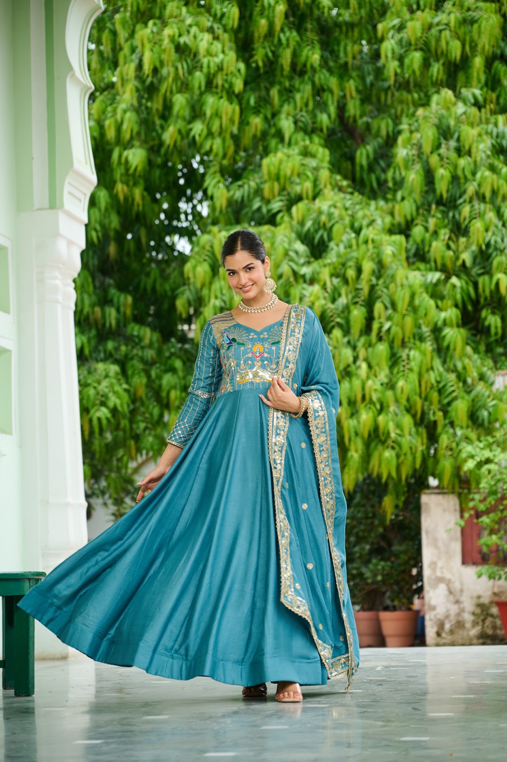 Lorenvalley Fashion Skyblue Vichitra Silk with Rich Sequins Multi Thread & Zari Embroidered work Anarkali Gown with Dupatta - Swadesiicart
