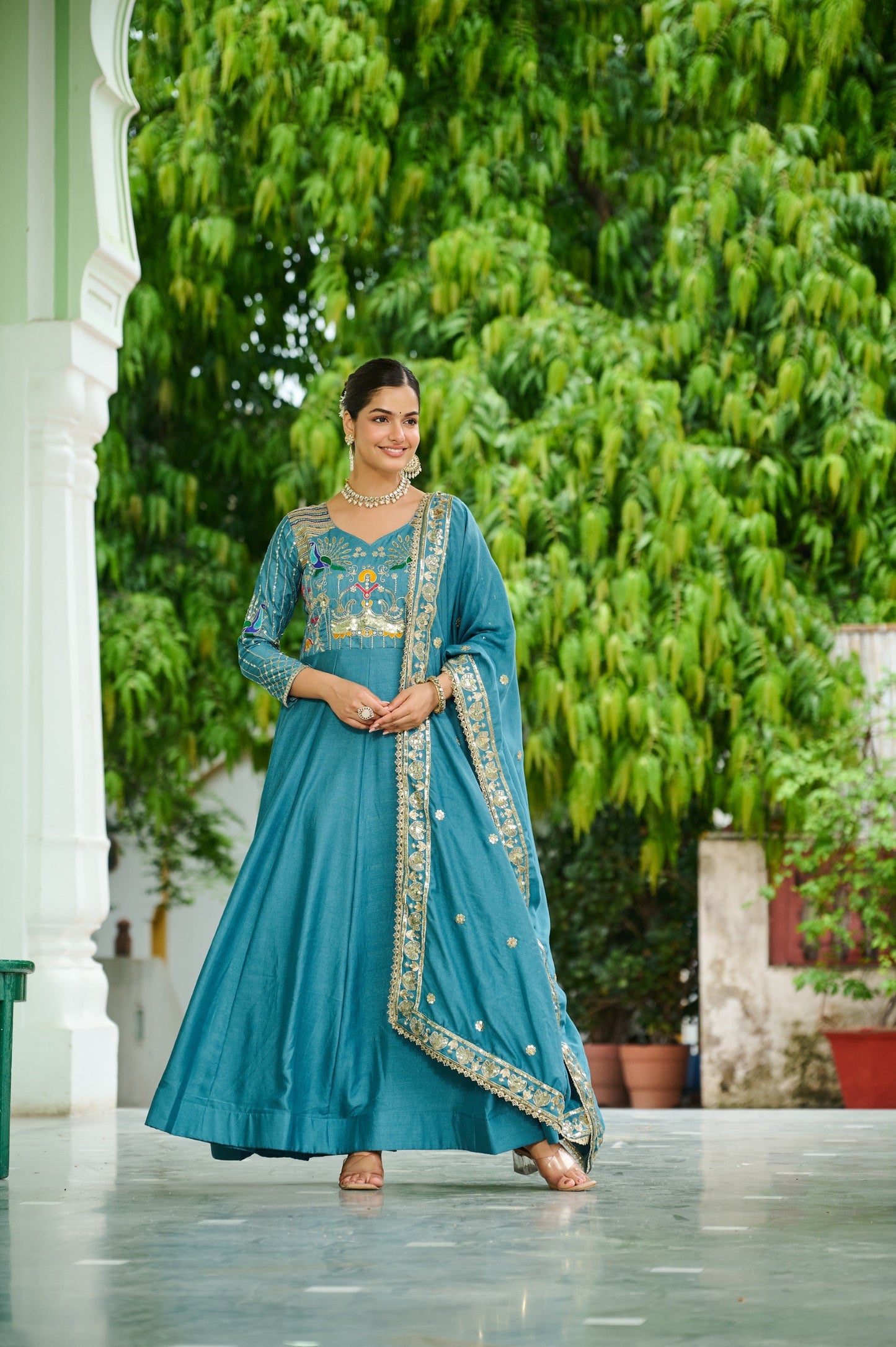 Lorenvalley Fashion Skyblue Vichitra Silk with Rich Sequins Multi Thread & Zari Embroidered work Anarkali Gown with Dupatta - Swadesiicart