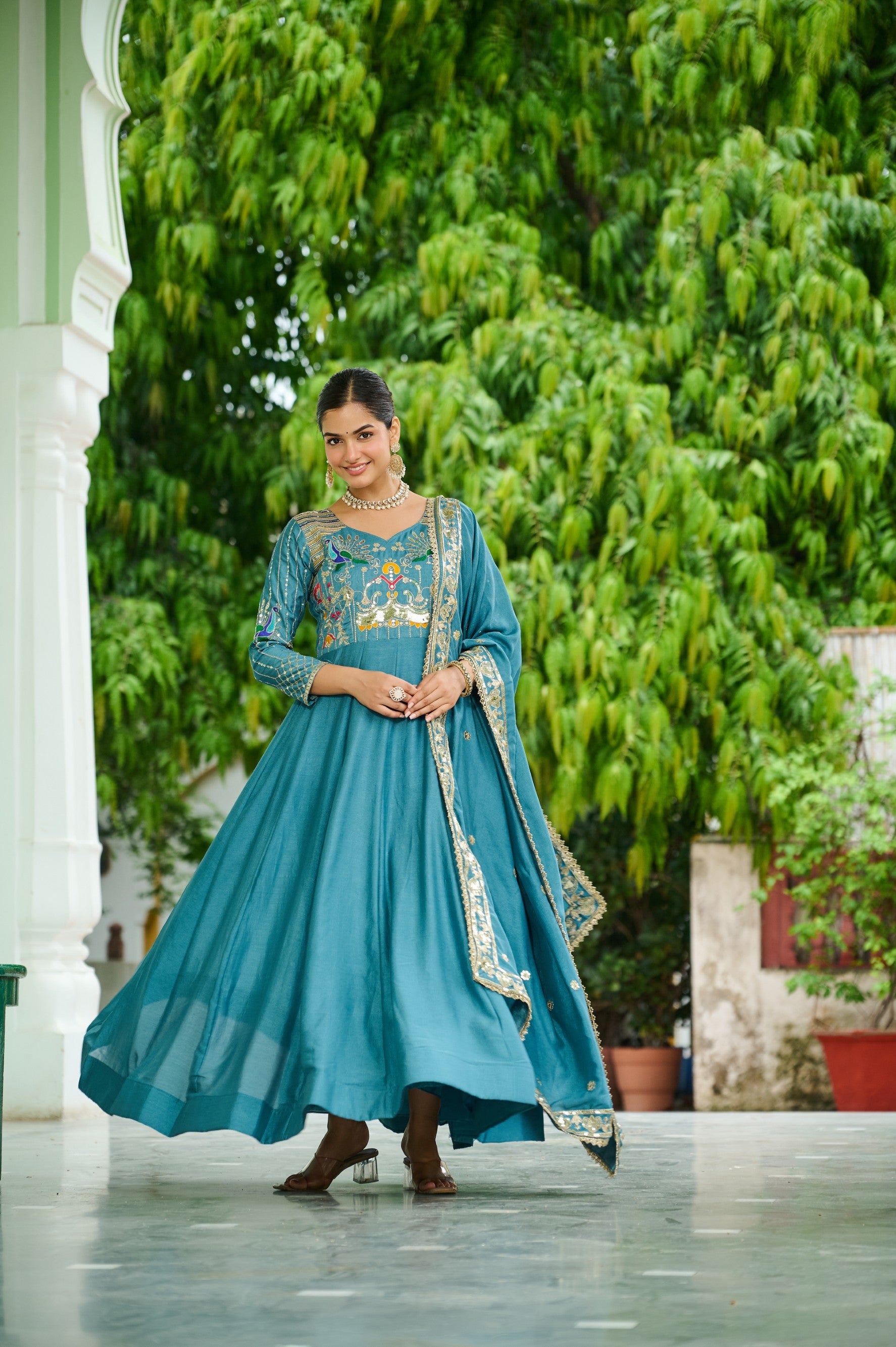 Lorenvalley Fashion Skyblue Vichitra Silk with Rich Sequins Multi Thread & Zari Embroidered work Anarkali Gown with Dupatta - Swadesiicart