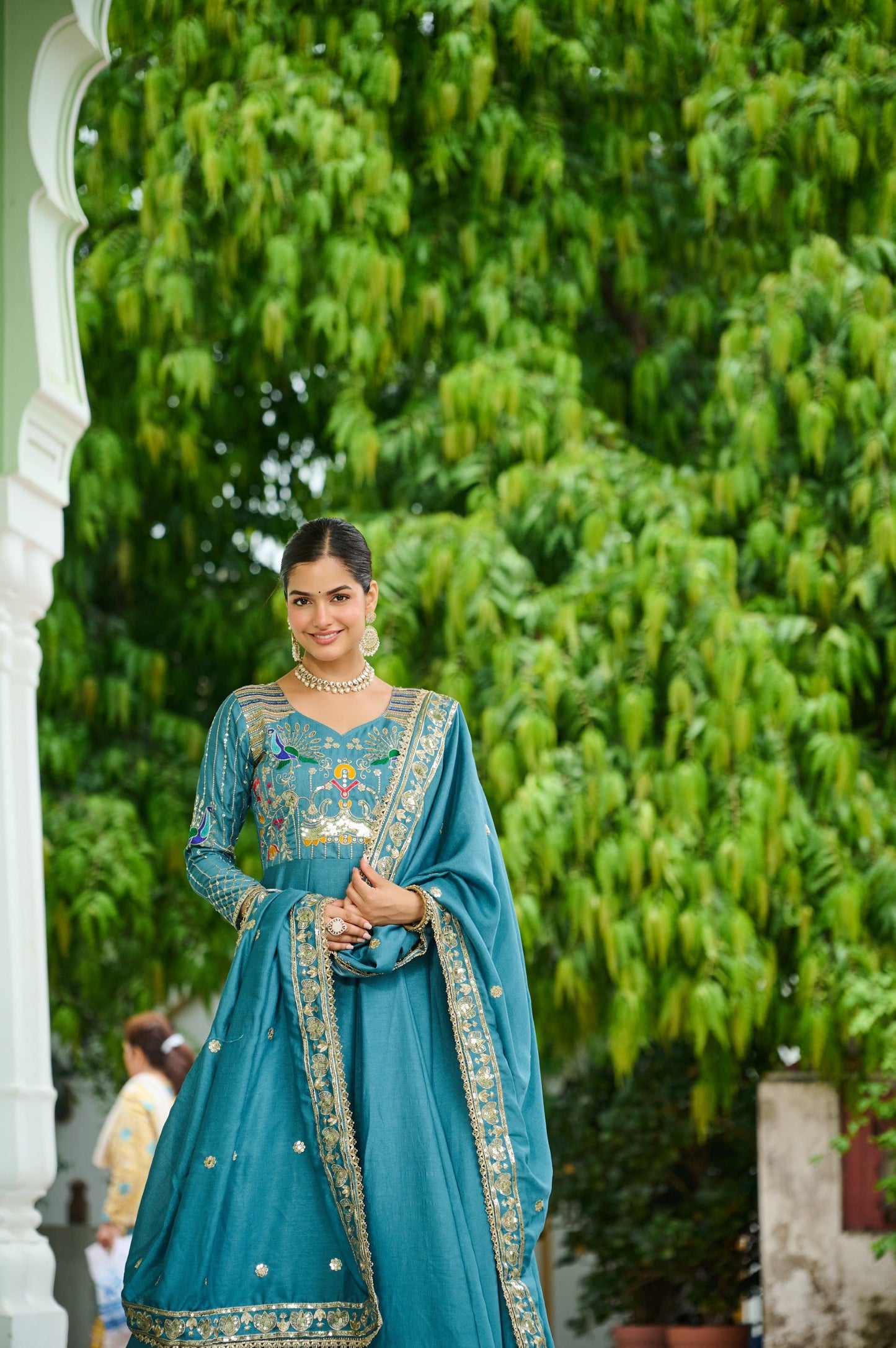 Lorenvalley Fashion Skyblue Vichitra Silk with Rich Sequins Multi Thread & Zari Embroidered work Anarkali Gown with Dupatta - Swadesiicart