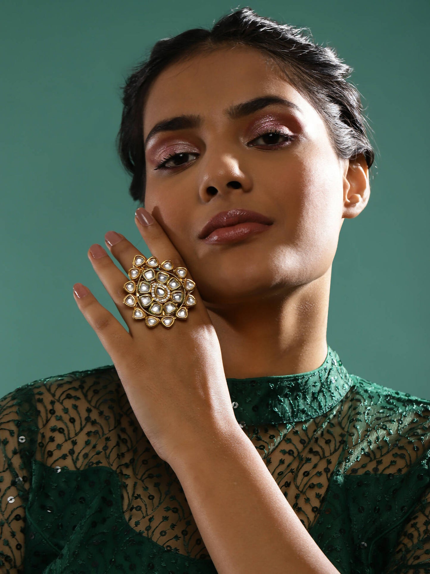 Gold-Polished White Kundan-Studded Adjustable Finger Ring - Ruby Raang | Swadesiicart