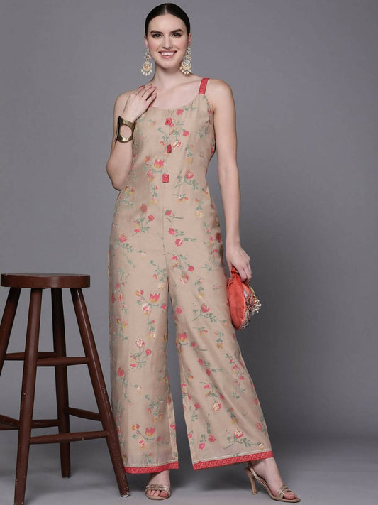 Ahalyaa Women Tan Printed Basic Jumpsuit - Swadesiicart