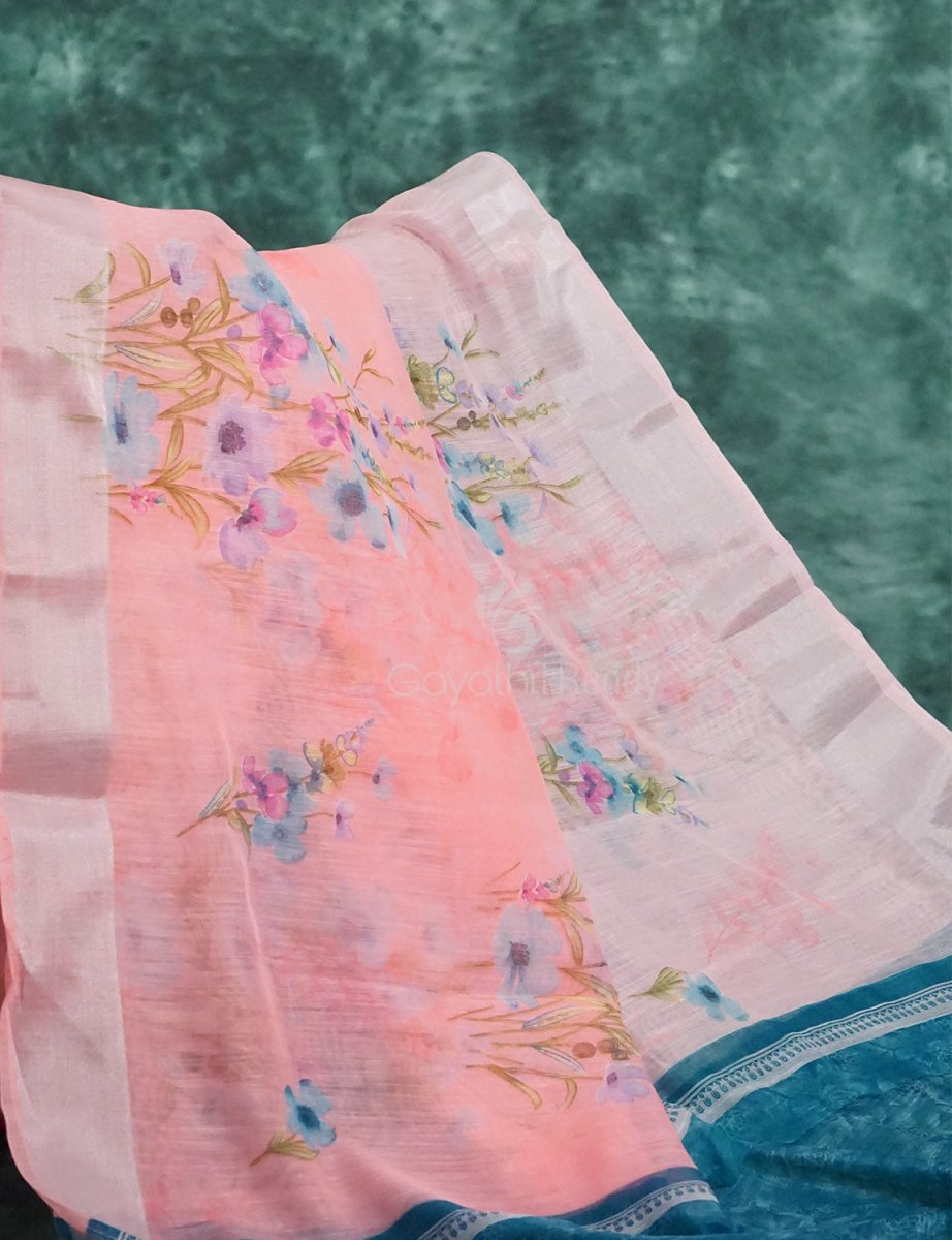 Baby Peach Floral Print Semi Chanderi Saree By Gayathri Reddy Designer Studio | Swadesiicart