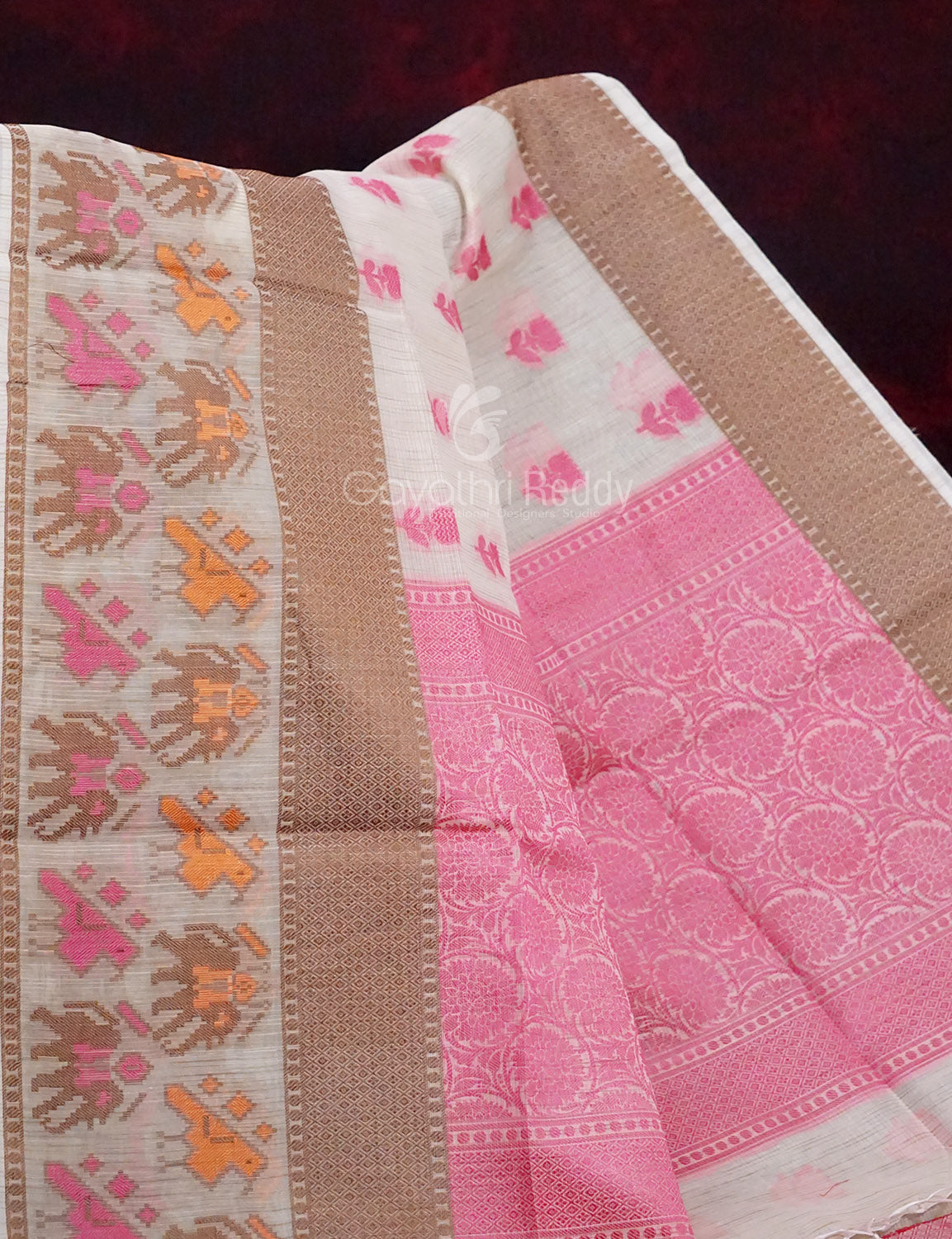 Combo of Cream and Pink with Floral Buttes Banarasi Munga Kota Saree By Gayathri Reddy Designer Studio | Swadesiicart