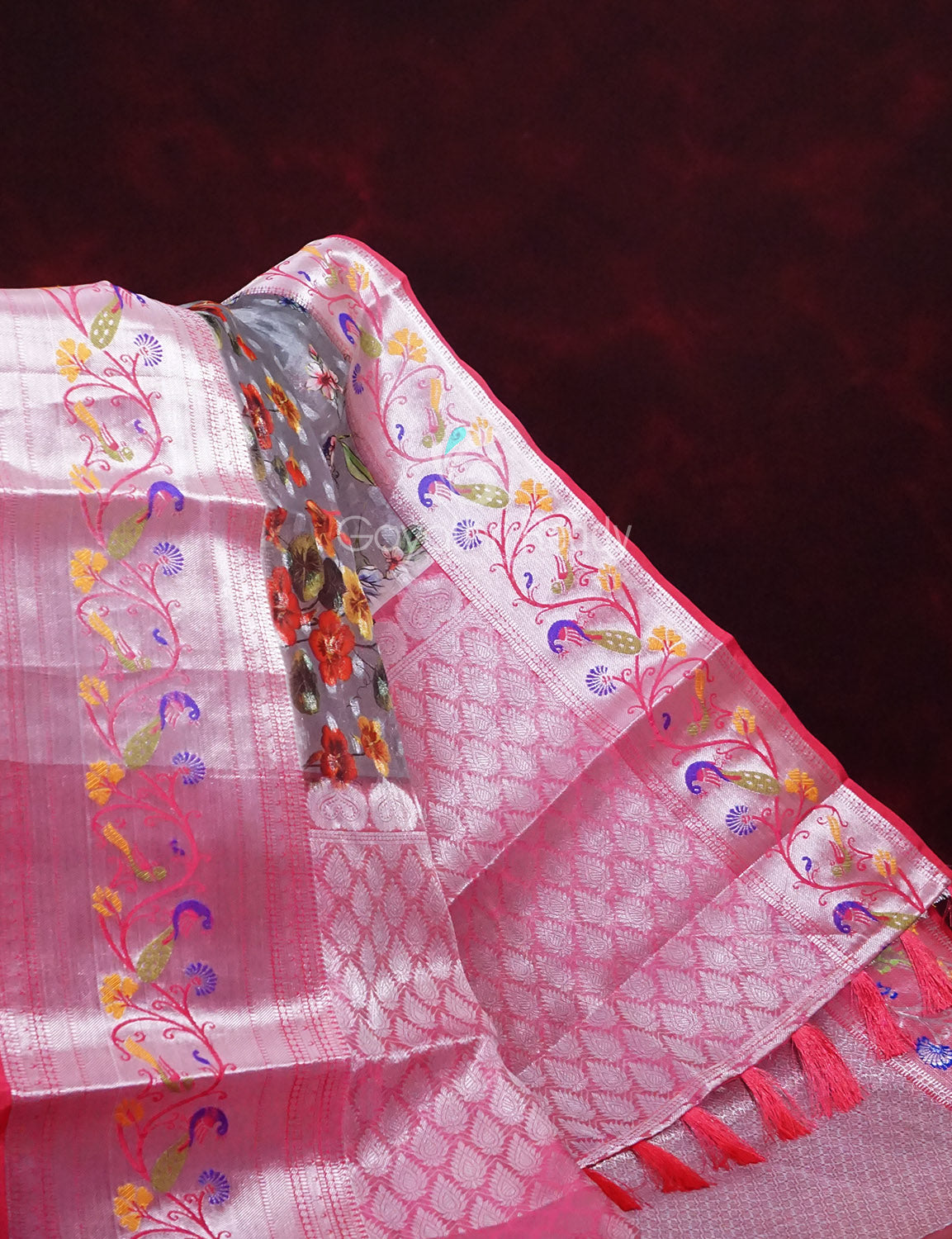 Grey And Baby Pink Colour Banaras Borders And Creeper Design Semi Silk Saree By Gayathri Reddy Designer Studio | Swadesiicart