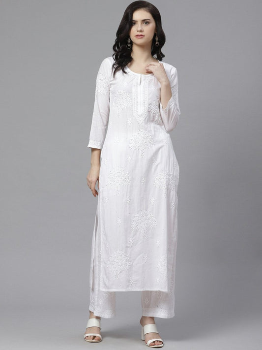 ADA Women White Chikankari Embroidered Sustainable Kurta with Palazzos | Swadesiicart