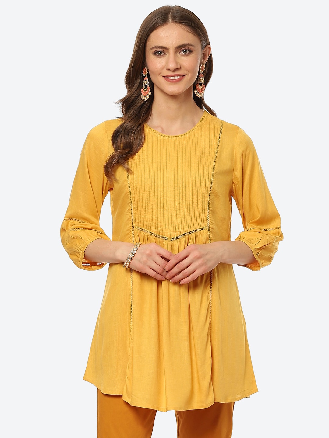 Biba Women Yellow Pleated And Panelled Puff Sleeves Kurti - Swadesiicart