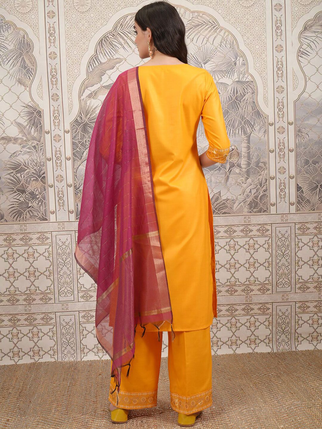 Vishudh Floral Yoke Design Straight Kurta with Palazzos & With Dupatta - Swadesiicart