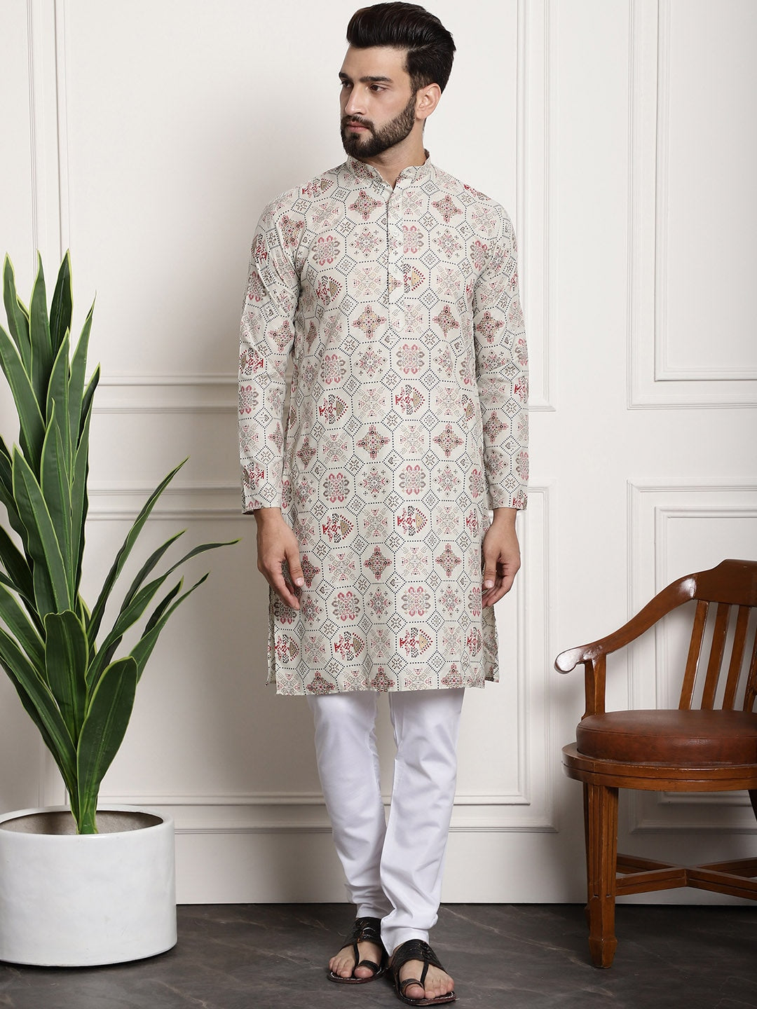 Sojanya Men Beige Printed Cotton Linen Kurta with Churidar | Swadesiicart