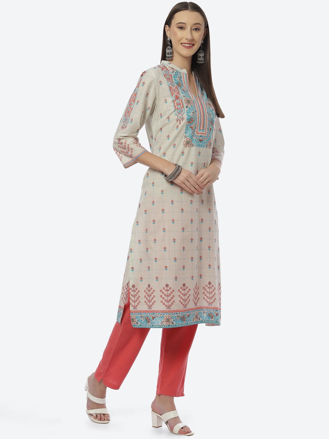 Biba Women Beige Ethnic Printed Regular Kurta - Swadesiicart