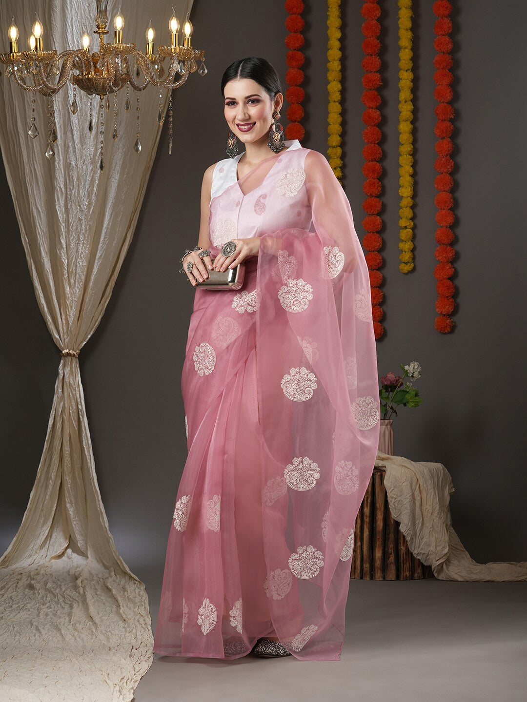 Saree Mall Mauve & White Floral Embroidered Organza Banarasi Sarees | Swadesiicart