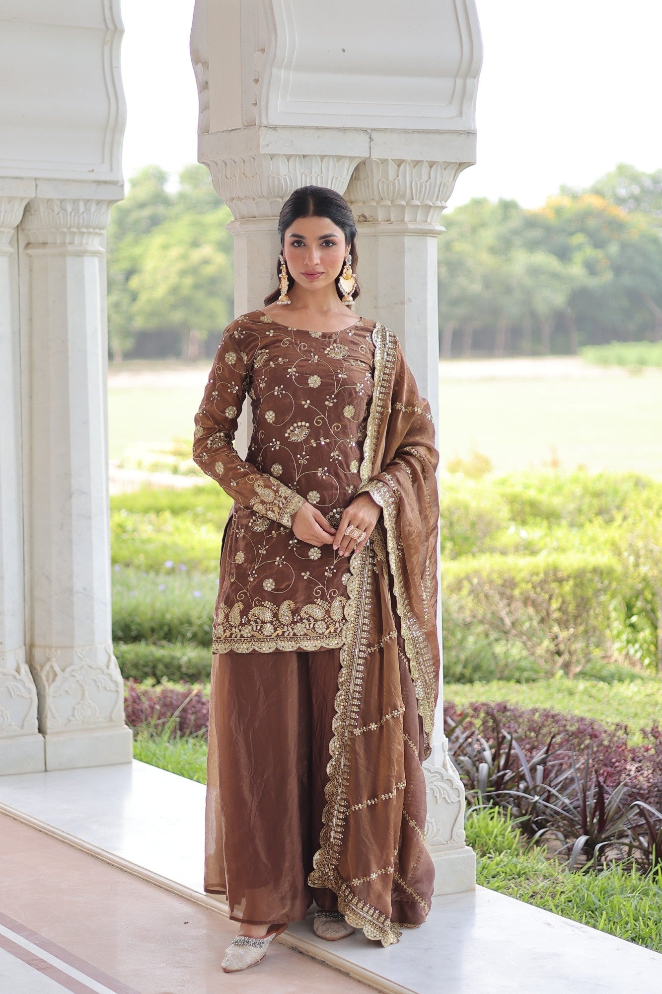 Lorenvalley Fashion Brown Fendy Satin with Rich Sequins Embroidered work Kurta Pant with Dupatta - Swadesiicart