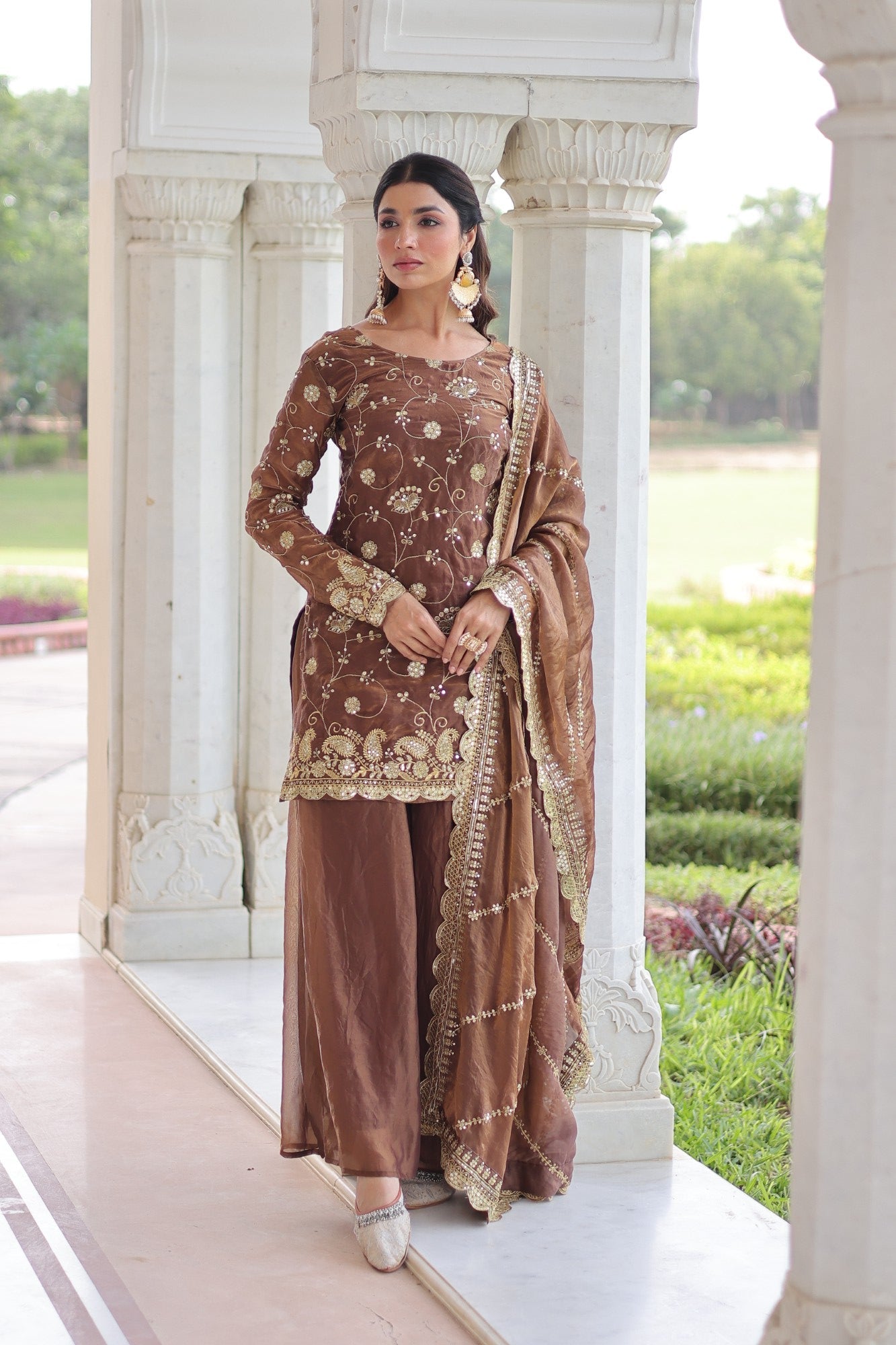 Lorenvalley Fashion Brown Fendy Satin with Rich Sequins Embroidered work Kurta Pant with Dupatta - Swadesiicart