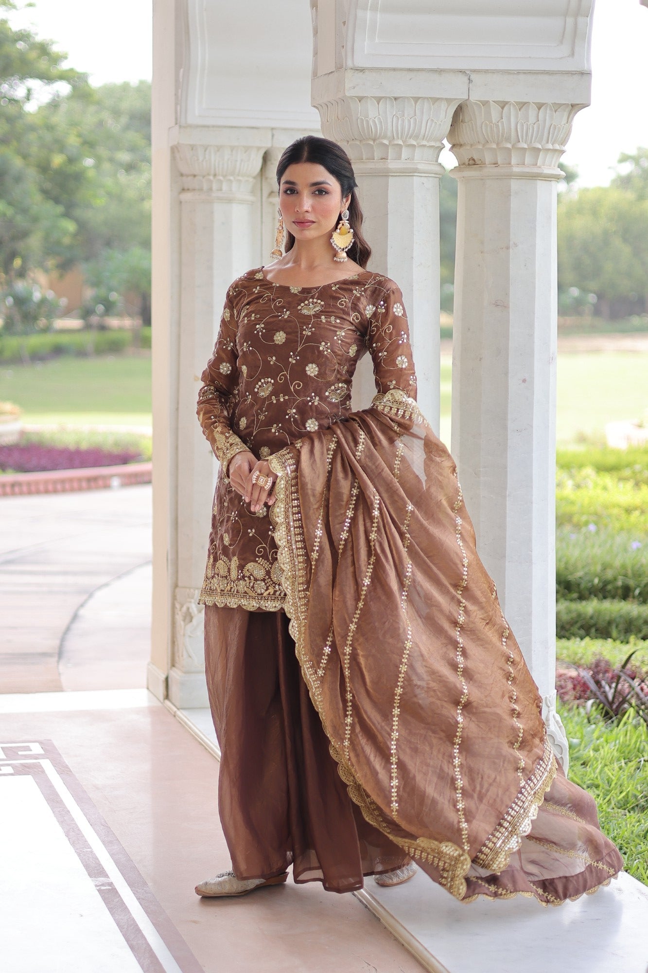 Lorenvalley Fashion Brown Fendy Satin with Rich Sequins Embroidered work Kurta Pant with Dupatta - Swadesiicart