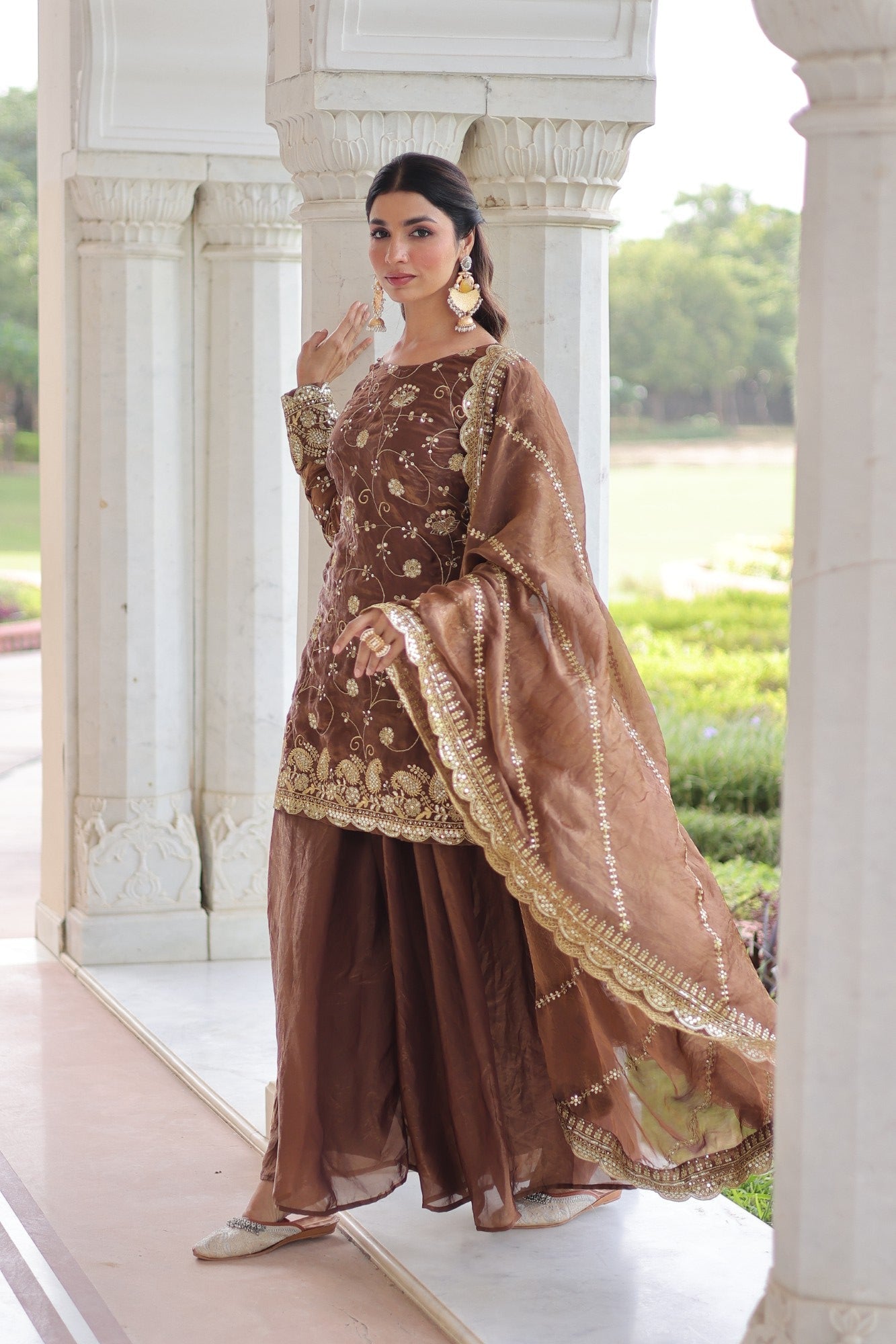 Lorenvalley Fashion Brown Fendy Satin with Rich Sequins Embroidered work Kurta Pant with Dupatta - Swadesiicart