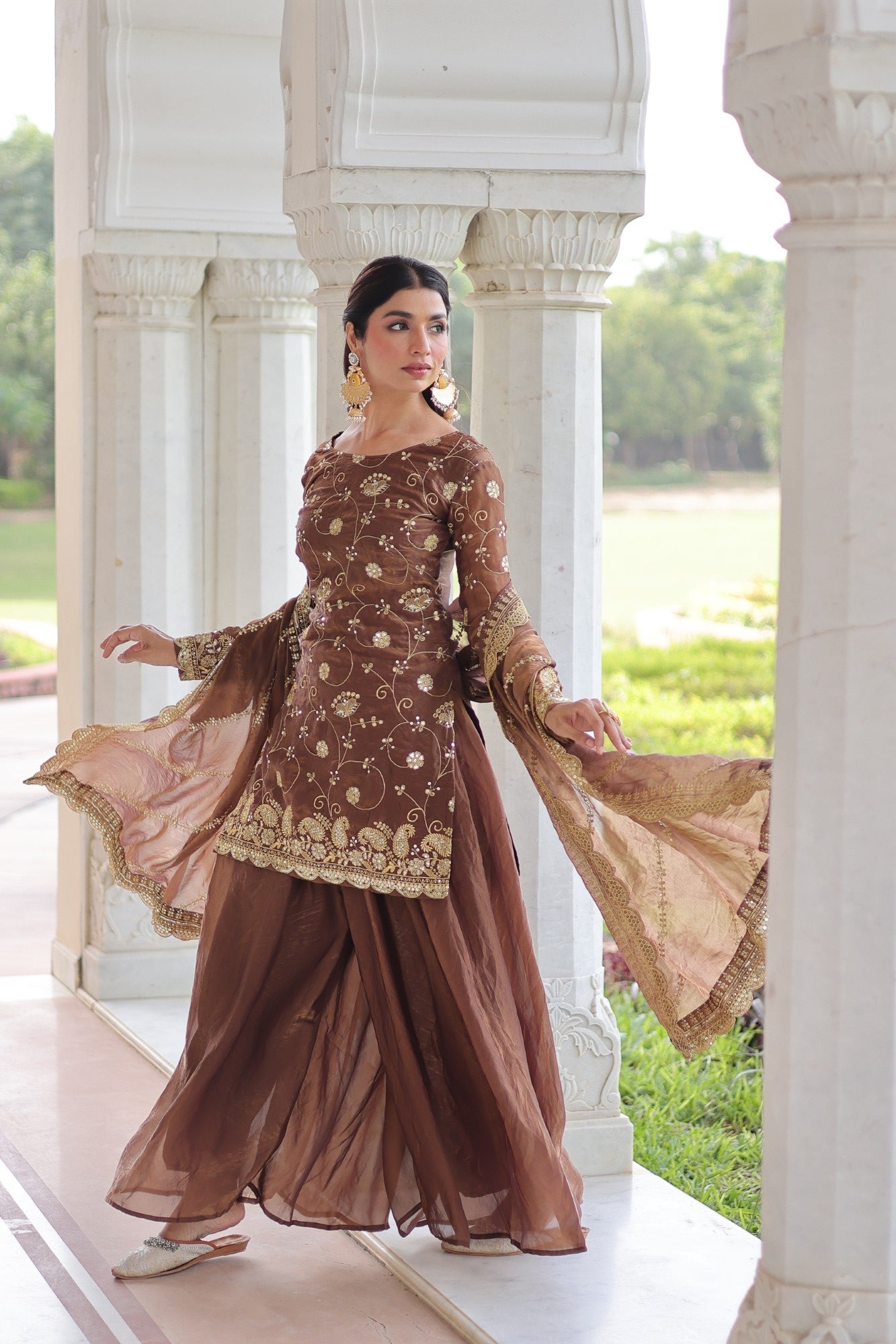 Lorenvalley Fashion Brown Fendy Satin with Rich Sequins Embroidered work Kurta Pant with Dupatta - Swadesiicart