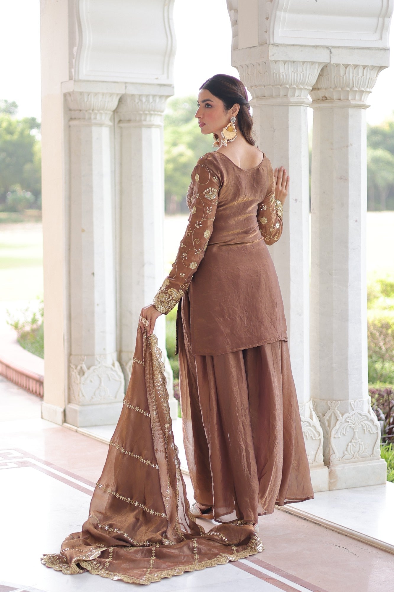 Lorenvalley Fashion Brown Fendy Satin with Rich Sequins Embroidered work Kurta Pant with Dupatta - Swadesiicart