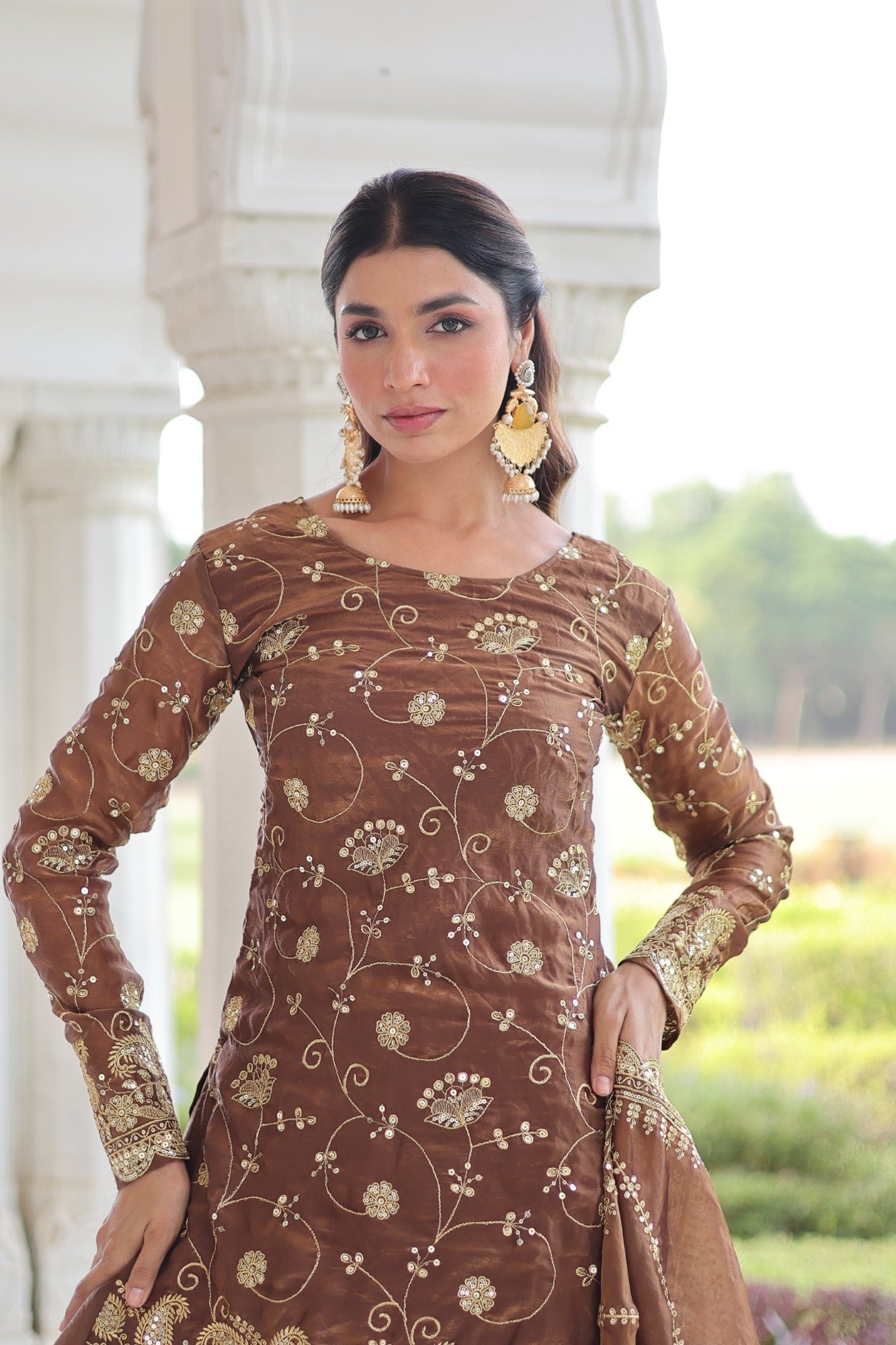 Lorenvalley Fashion Brown Fendy Satin with Rich Sequins Embroidered work Kurta Pant with Dupatta - Swadesiicart