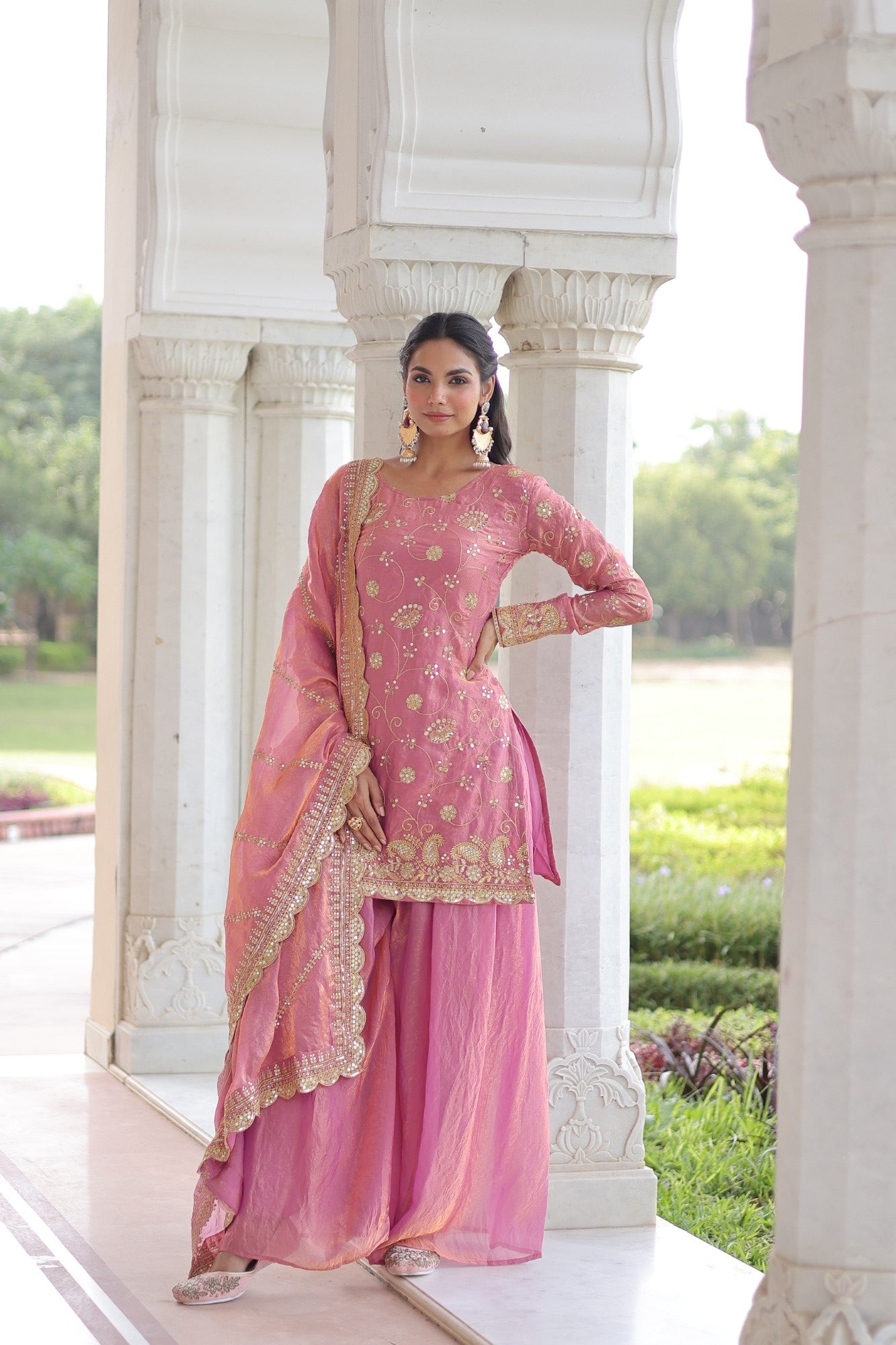 Lorenvalley Fashion Pink Fendy Satin with Rich Sequins Embroidered work Kurta Pant with Dupatta - Swadesiicart