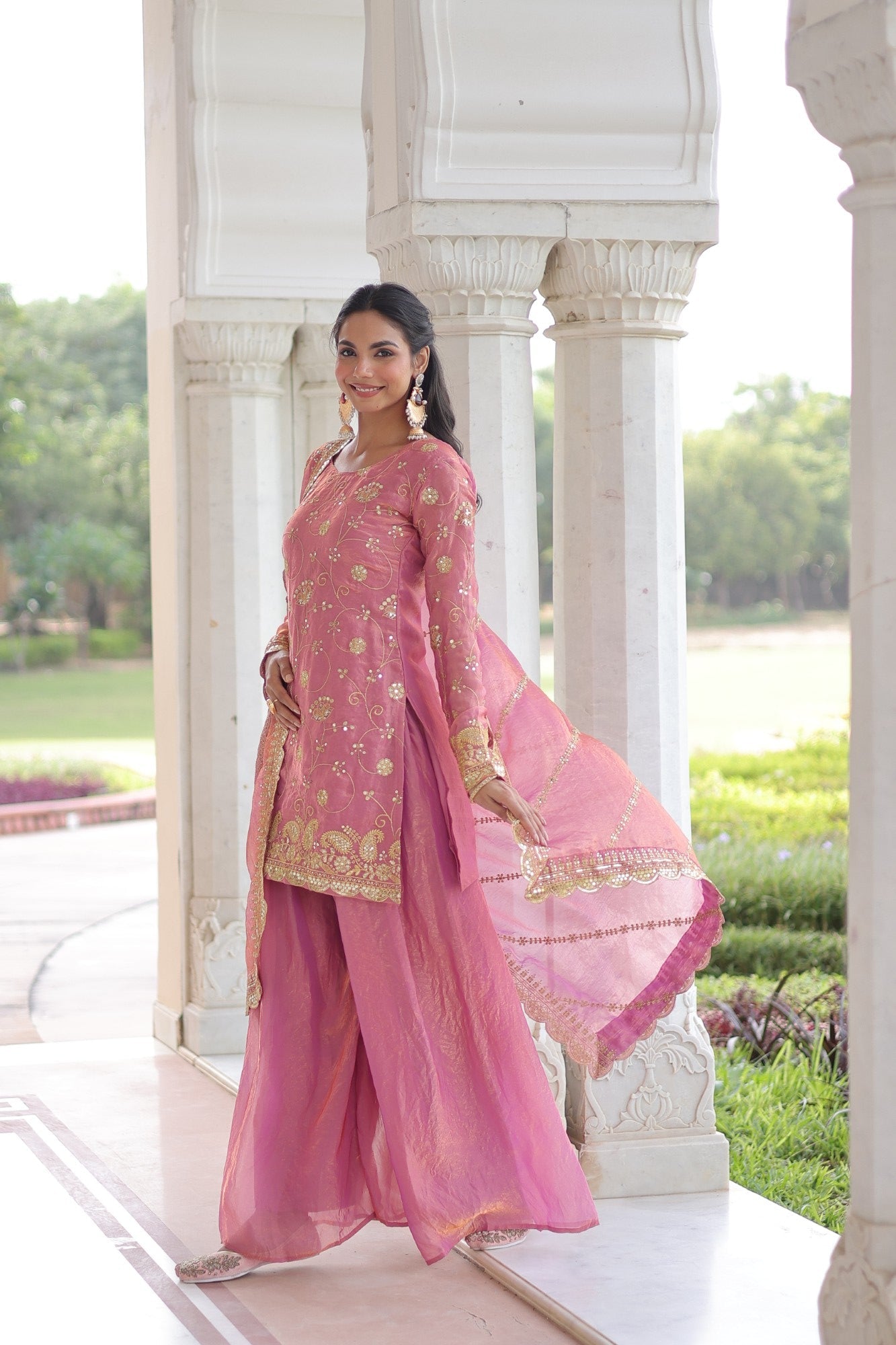 Lorenvalley Fashion Pink Fendy Satin with Rich Sequins Embroidered work Kurta Pant with Dupatta - Swadesiicart