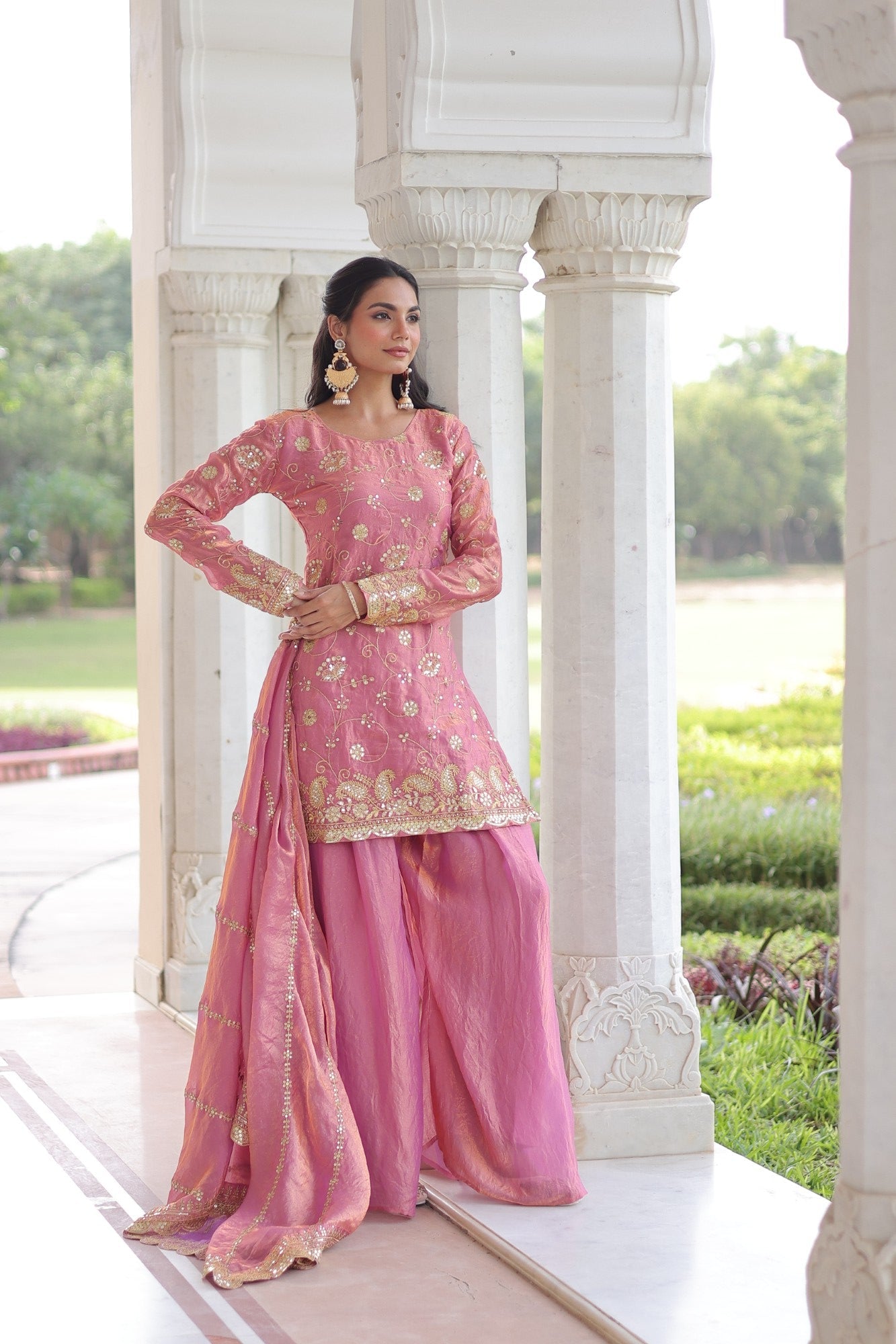 Lorenvalley Fashion Pink Fendy Satin with Rich Sequins Embroidered work Kurta Pant with Dupatta - Swadesiicart