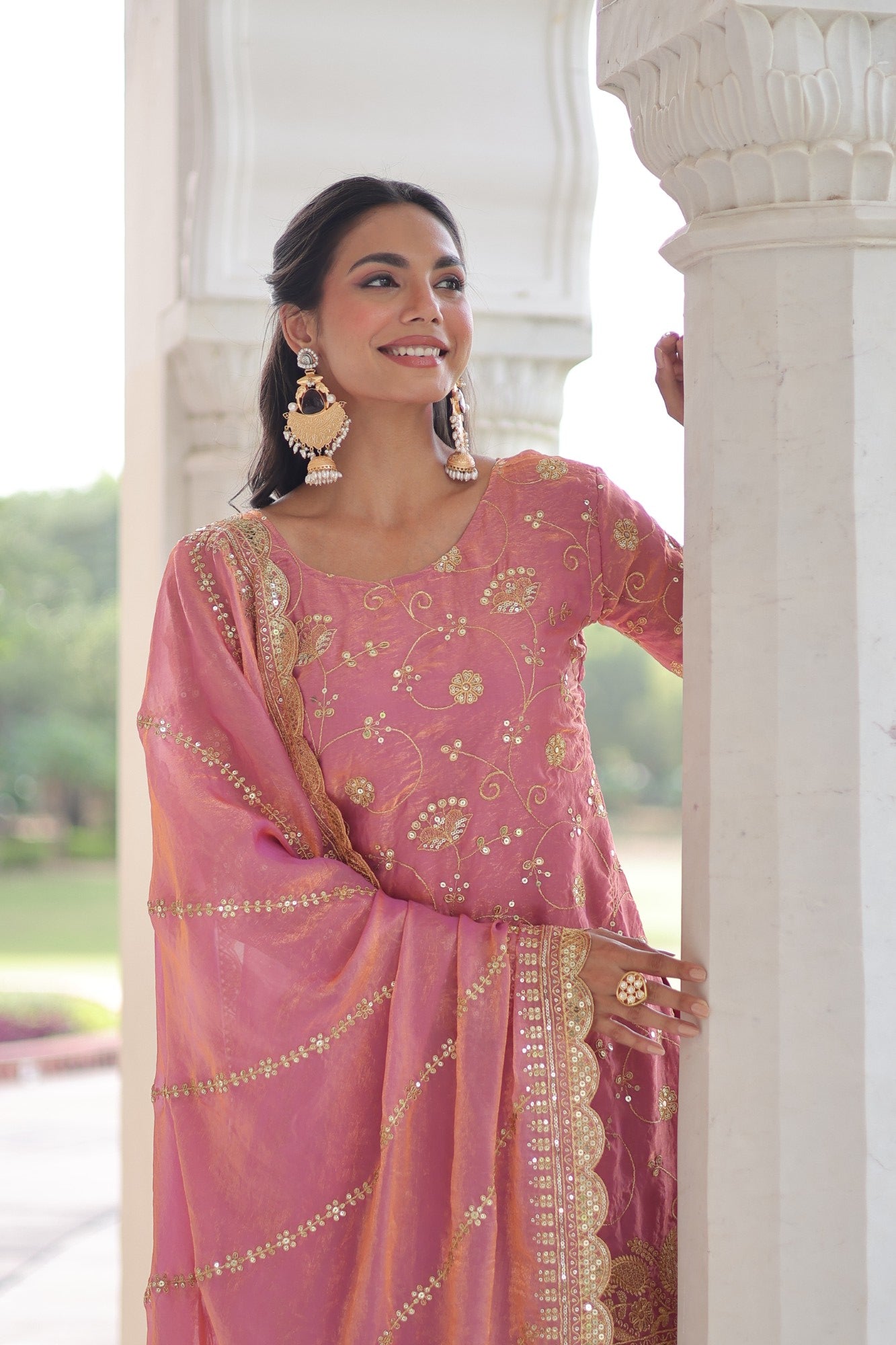 Lorenvalley Fashion Pink Fendy Satin with Rich Sequins Embroidered work Kurta Pant with Dupatta - Swadesiicart
