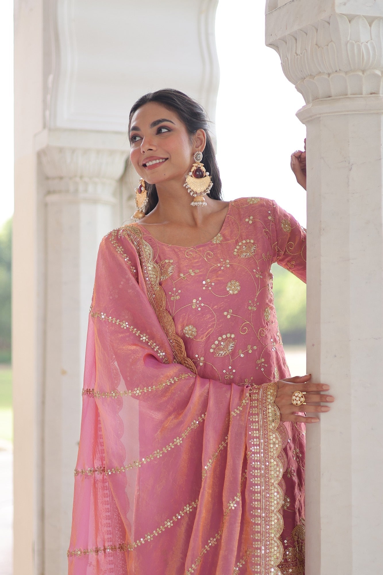 Lorenvalley Fashion Pink Fendy Satin with Rich Sequins Embroidered work Kurta Pant with Dupatta - Swadesiicart