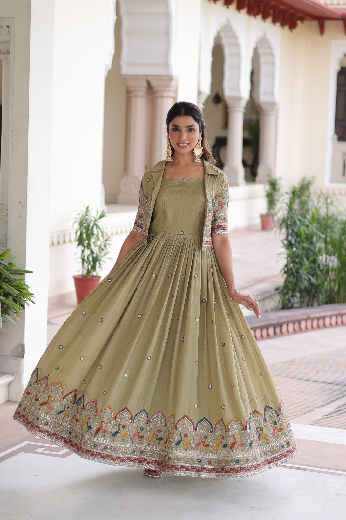Lorenvalley Fashion Pista Vichitra Silk with Sequins, Zari & Thread Embroidered work Gown with Koti - Swadesiicart
