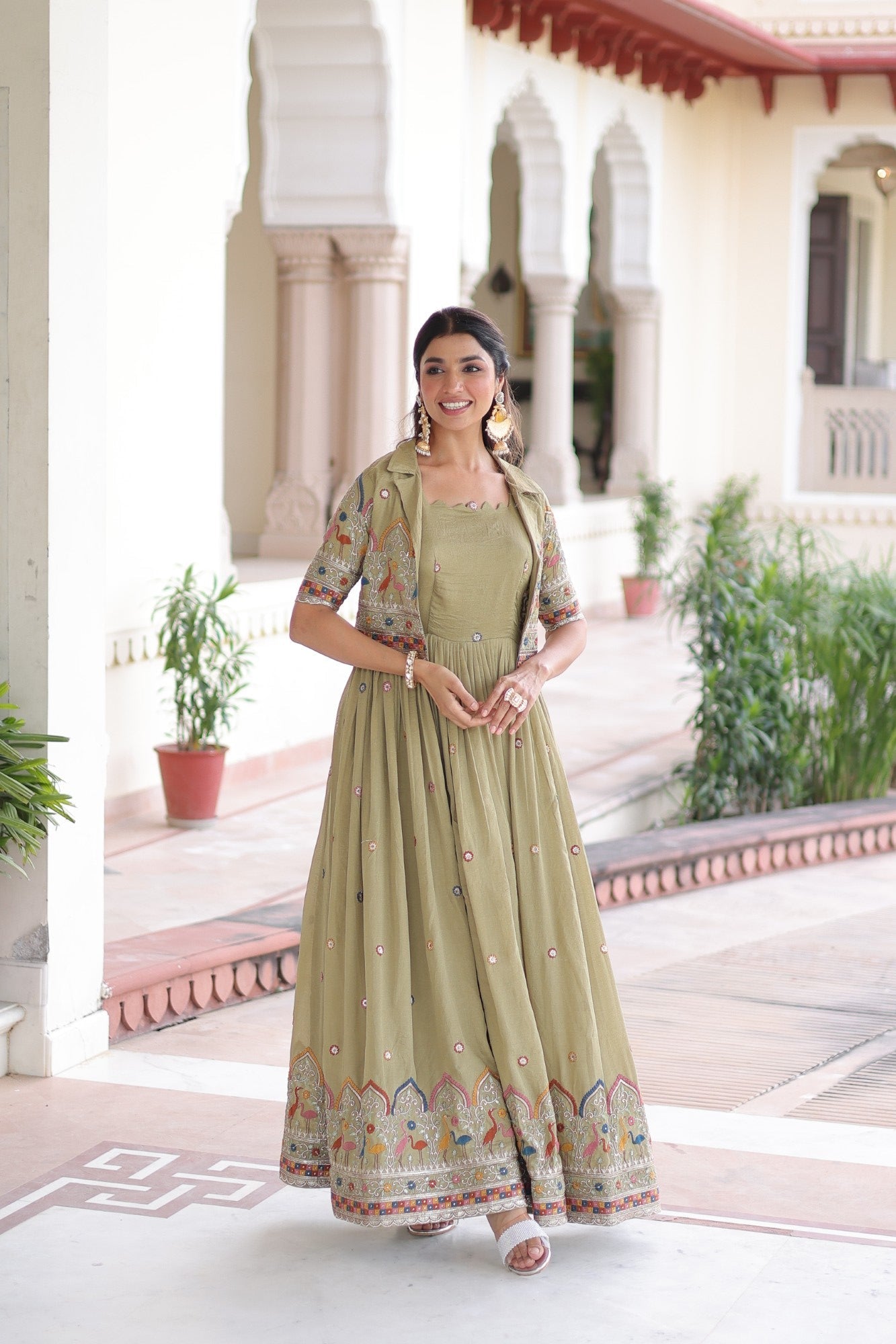 Lorenvalley Fashion Pista Vichitra Silk with Sequins, Zari & Thread Embroidered work Gown with Koti - Swadesiicart