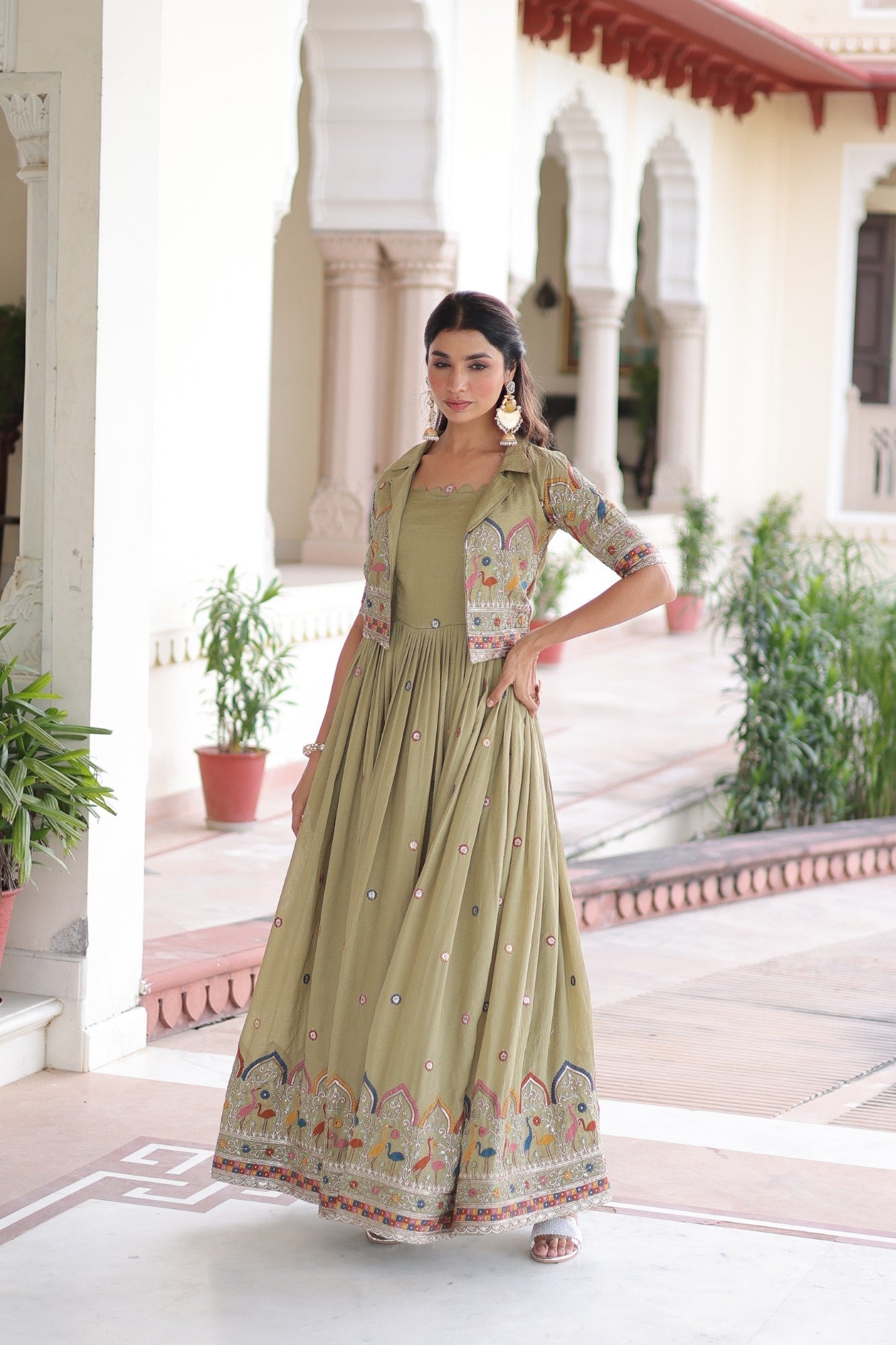 Lorenvalley Fashion Pista Vichitra Silk with Sequins, Zari & Thread Embroidered work Gown with Koti - Swadesiicart