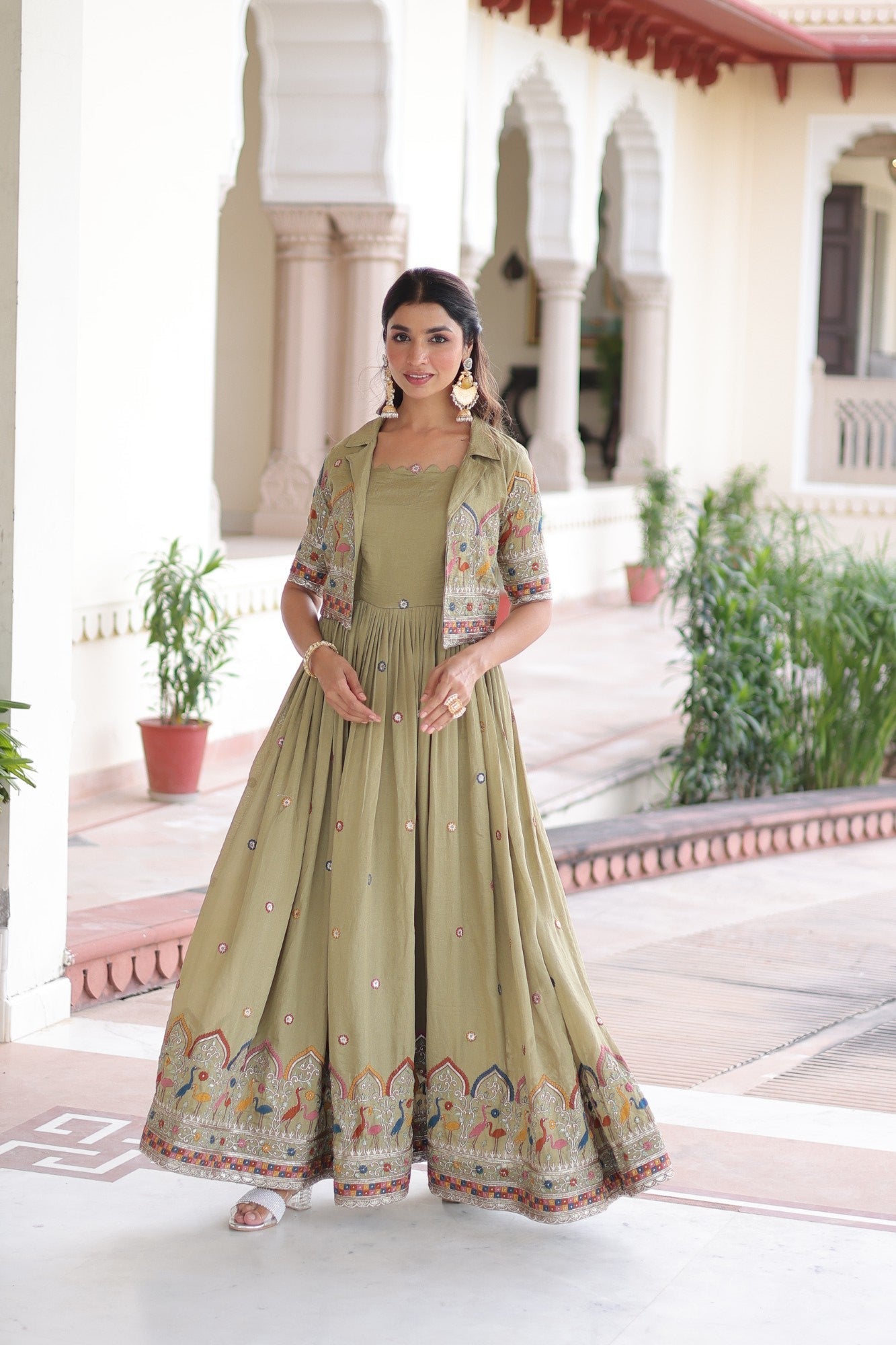 Lorenvalley Fashion Pista Vichitra Silk with Sequins, Zari & Thread Embroidered work Gown with Koti - Swadesiicart