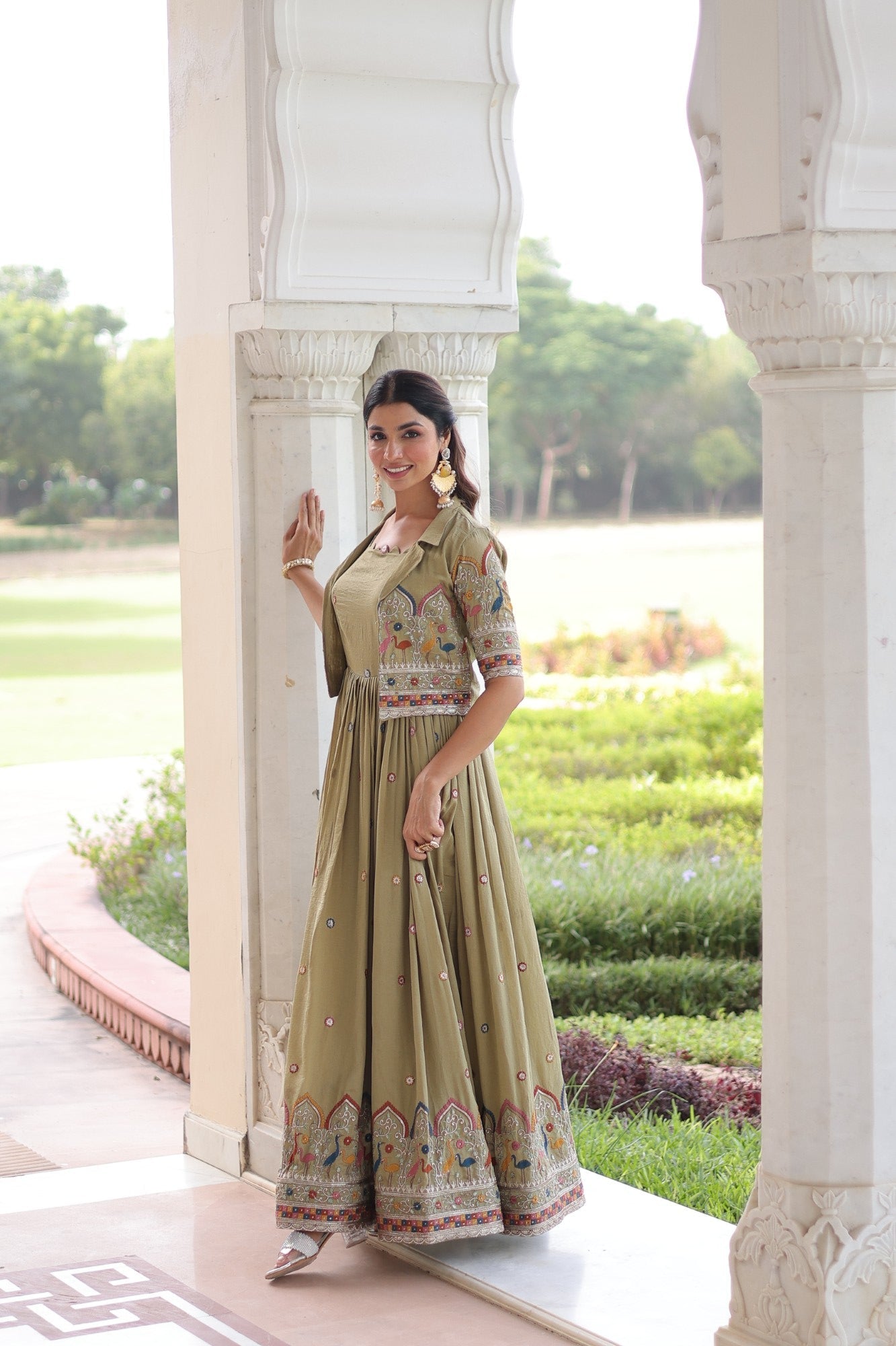 Lorenvalley Fashion Pista Vichitra Silk with Sequins, Zari & Thread Embroidered work Gown with Koti - Swadesiicart