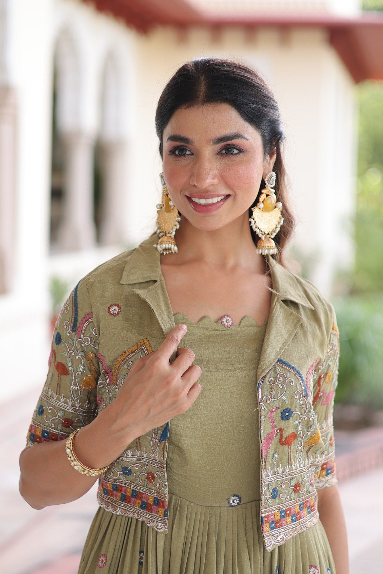 Lorenvalley Fashion Pista Vichitra Silk with Sequins, Zari & Thread Embroidered work Gown with Koti - Swadesiicart