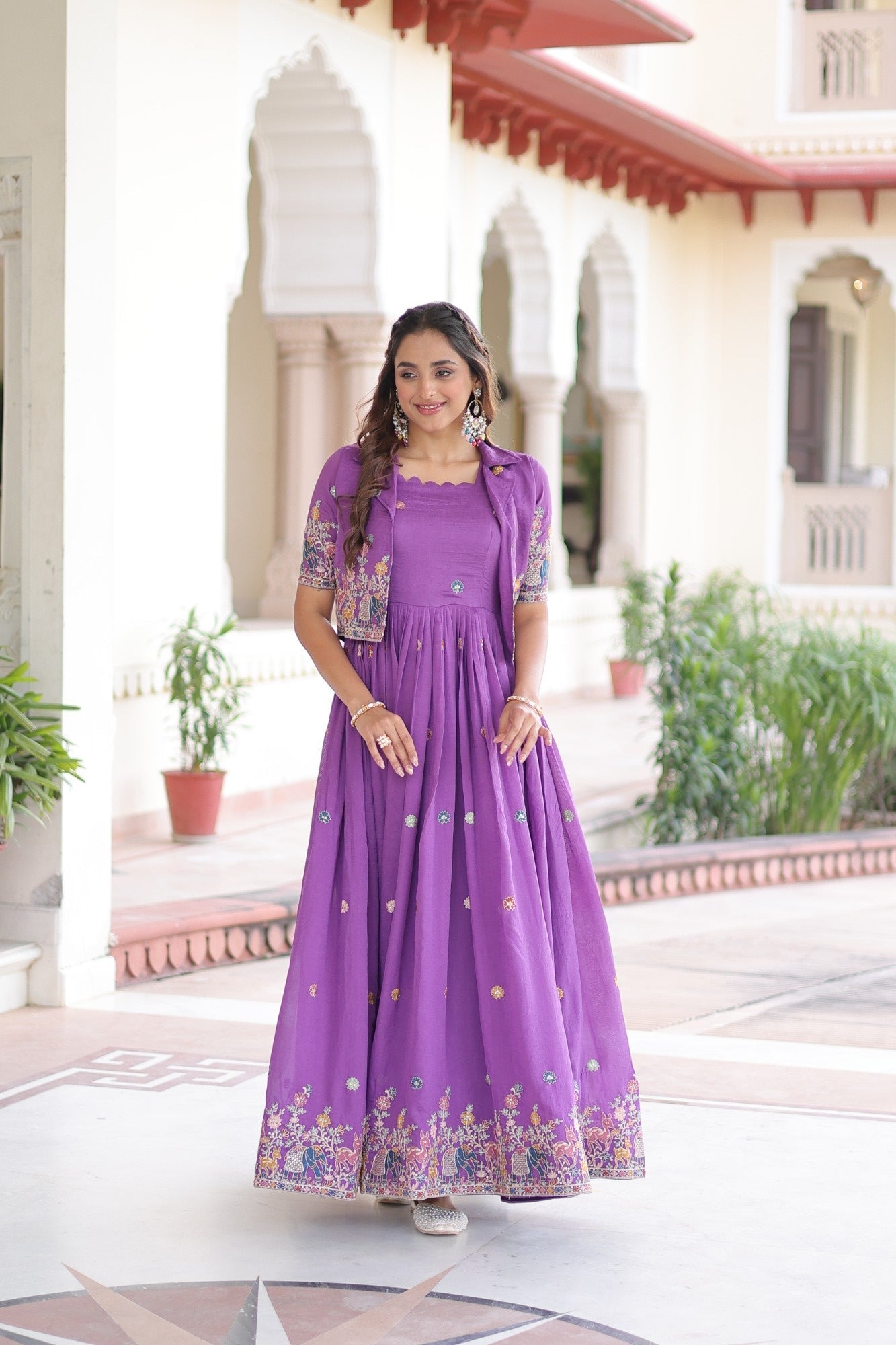 Lorenvalley Fashion Purple Vichitra Silk with Sequins, Zari & Thread Embroidered work Gown with Koti - Swadesiicart