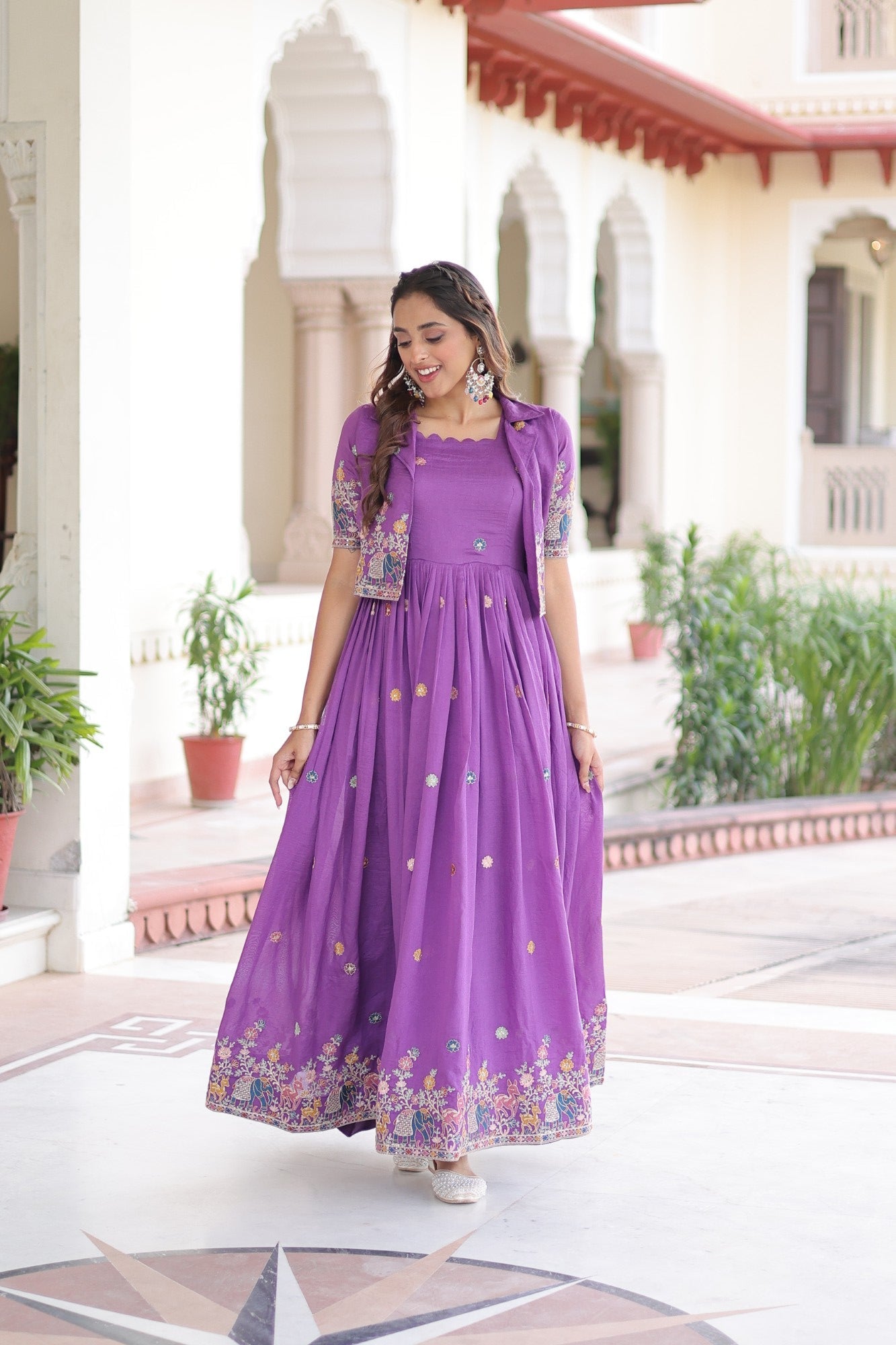 Lorenvalley Fashion Purple Vichitra Silk with Sequins, Zari & Thread Embroidered work Gown with Koti - Swadesiicart
