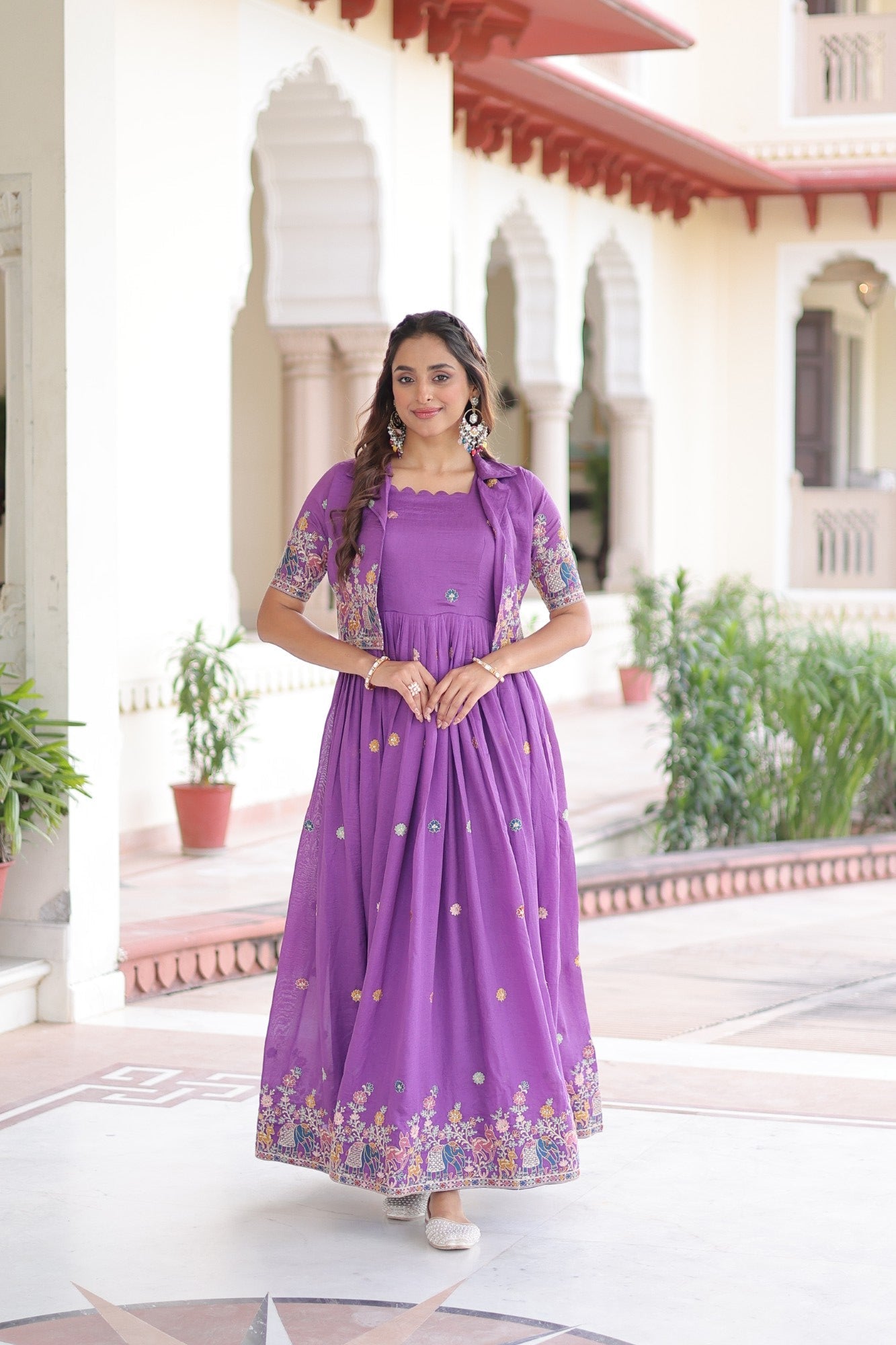 Lorenvalley Fashion Purple Vichitra Silk with Sequins, Zari & Thread Embroidered work Gown with Koti - Swadesiicart