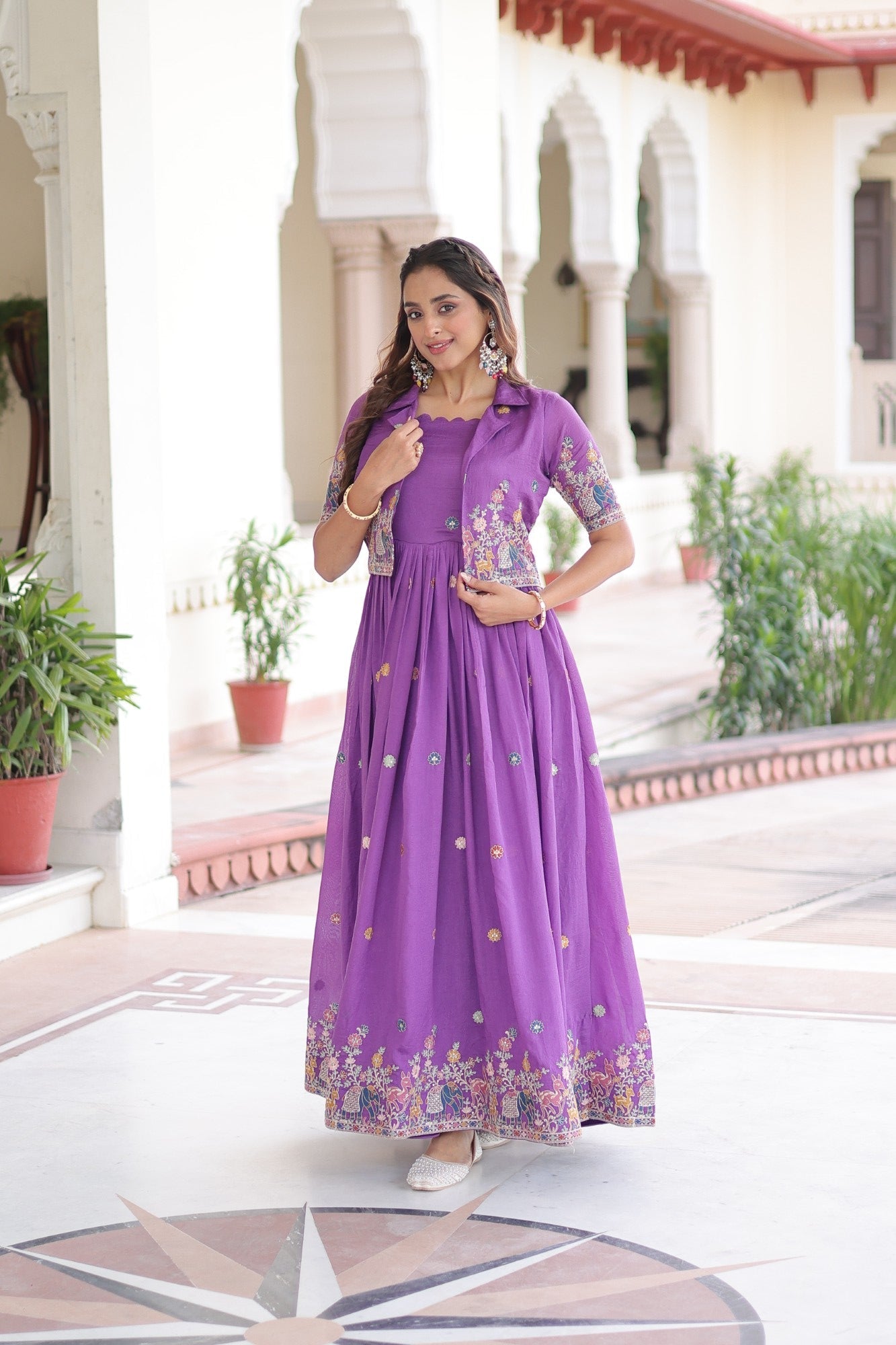 Lorenvalley Fashion Purple Vichitra Silk with Sequins, Zari & Thread Embroidered work Gown with Koti - Swadesiicart