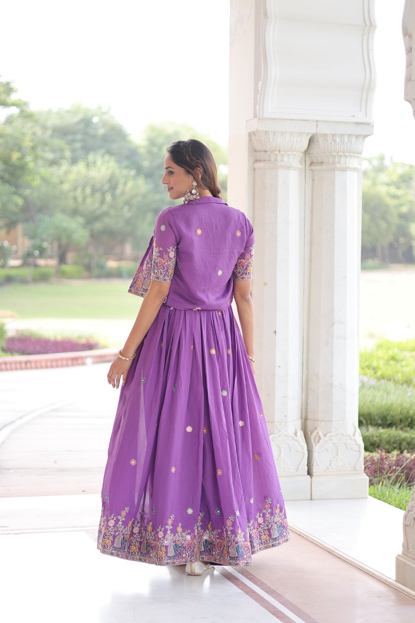 Lorenvalley Fashion Purple Vichitra Silk with Sequins, Zari & Thread Embroidered work Gown with Koti - Swadesiicart