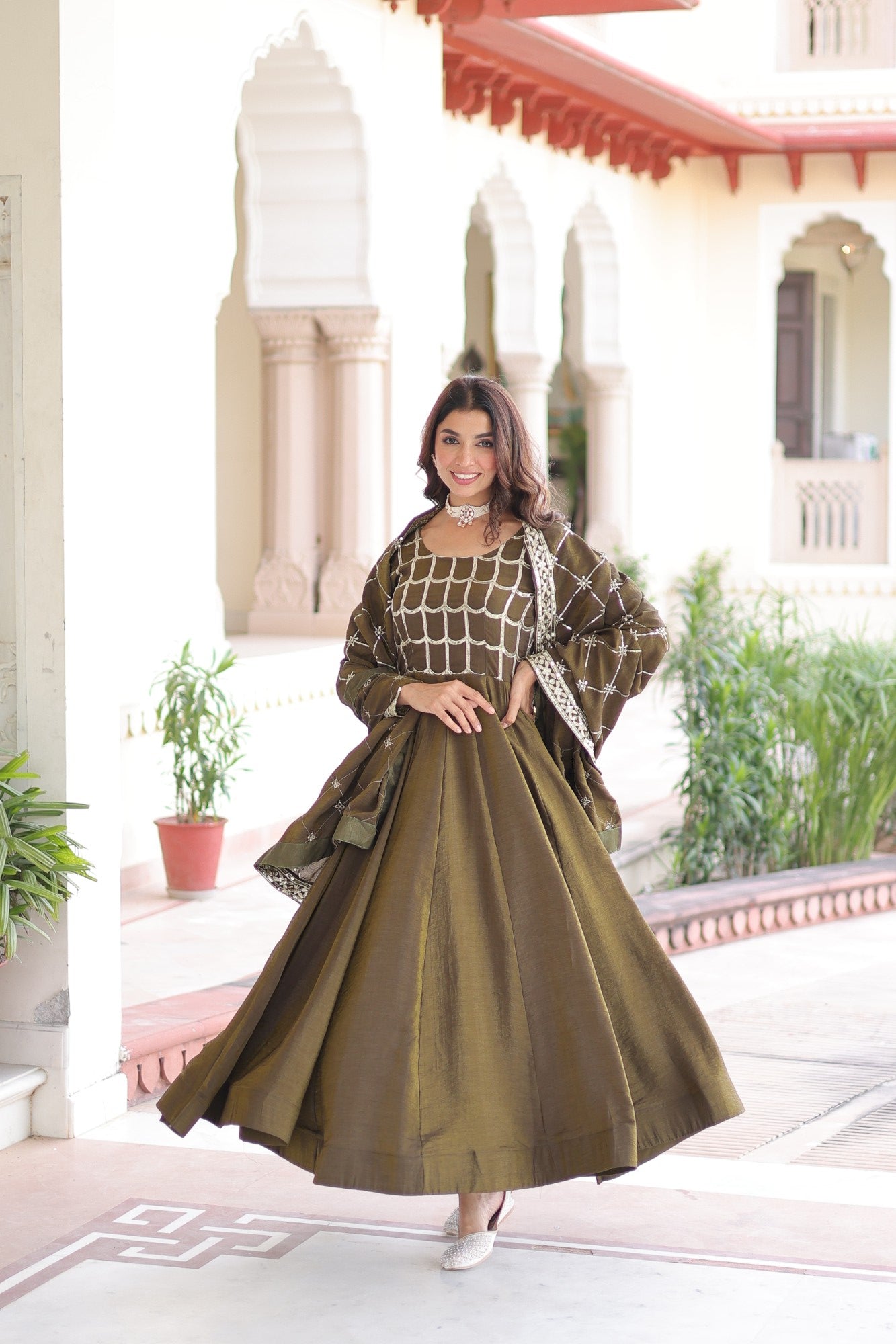 Lorenvalley Fashion Mehendi Vichitra Silk with Rich Sequins & Zari Embroidered work Anarkali Gown with Dupatta - Swadesiicart