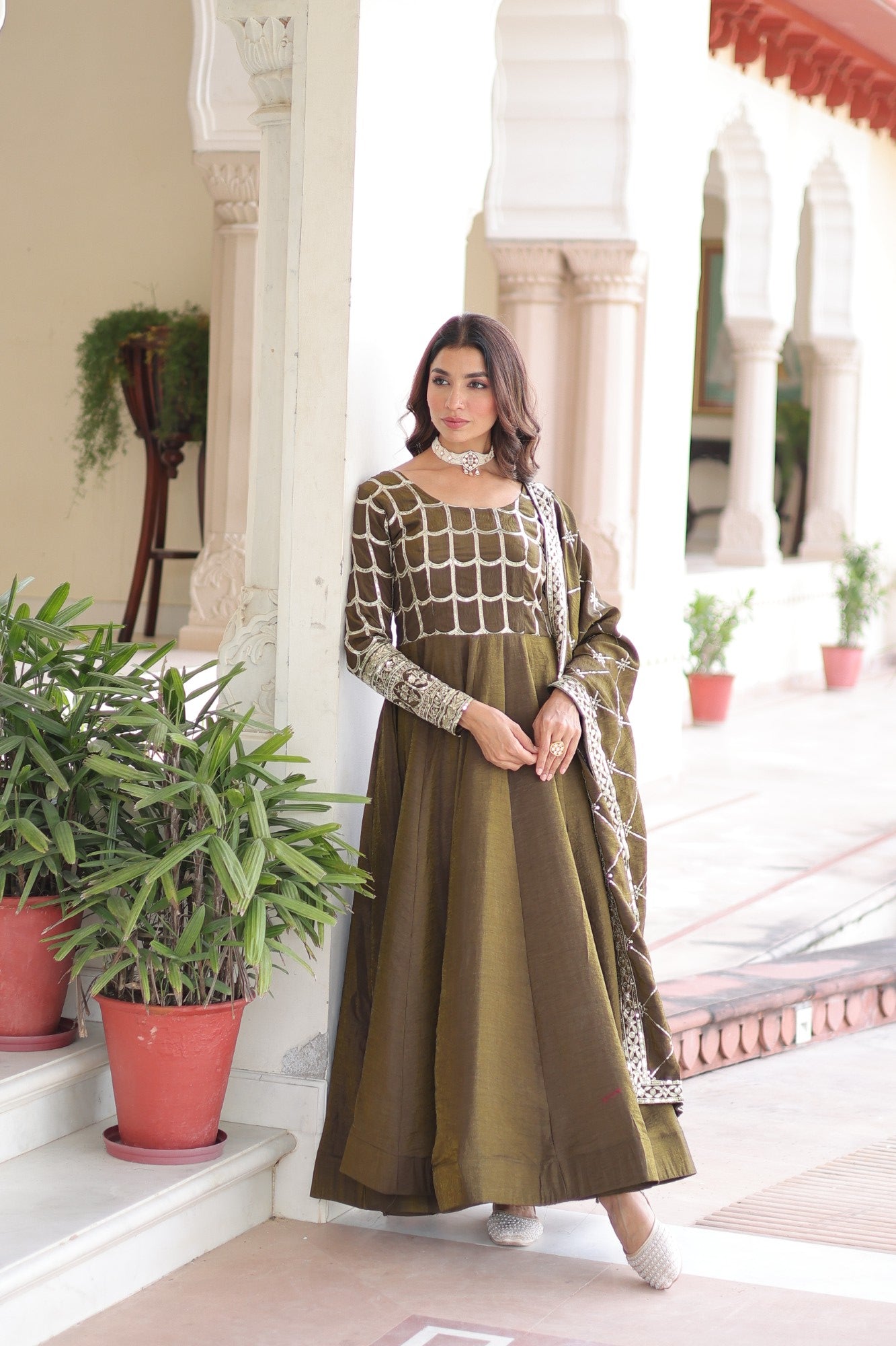 Lorenvalley Fashion Mehendi Vichitra Silk with Rich Sequins & Zari Embroidered work Anarkali Gown with Dupatta - Swadesiicart