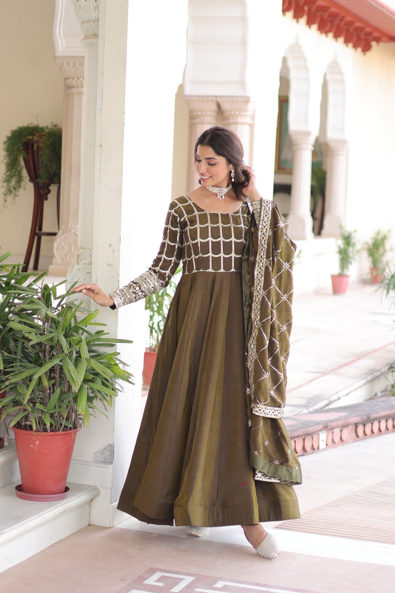 Lorenvalley Fashion Mehendi Vichitra Silk with Rich Sequins & Zari Embroidered work Anarkali Gown with Dupatta - Swadesiicart