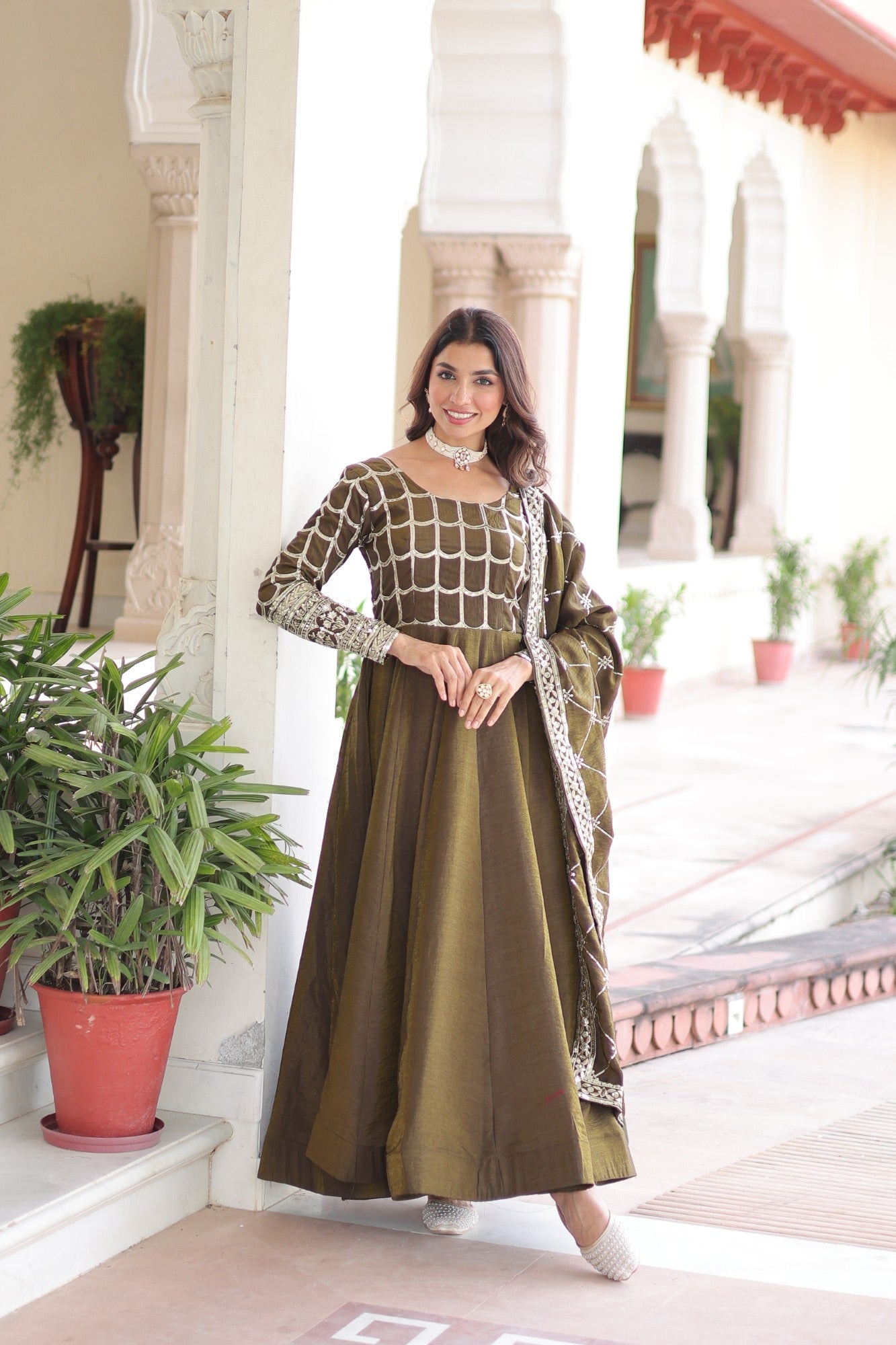 Lorenvalley Fashion Mehendi Vichitra Silk with Rich Sequins & Zari Embroidered work Anarkali Gown with Dupatta - Swadesiicart
