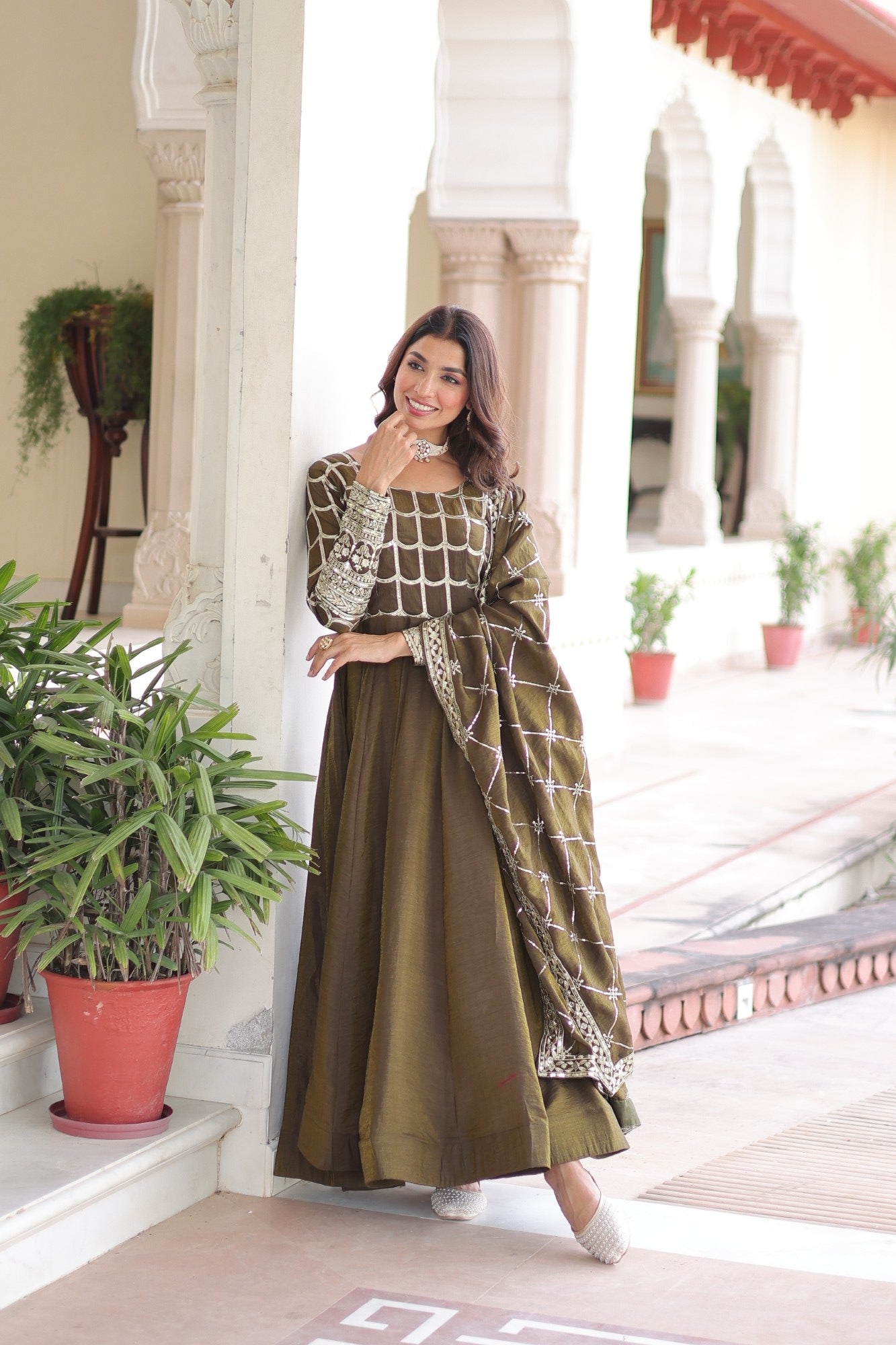 Lorenvalley Fashion Mehendi Vichitra Silk with Rich Sequins & Zari Embroidered work Anarkali Gown with Dupatta - Swadesiicart