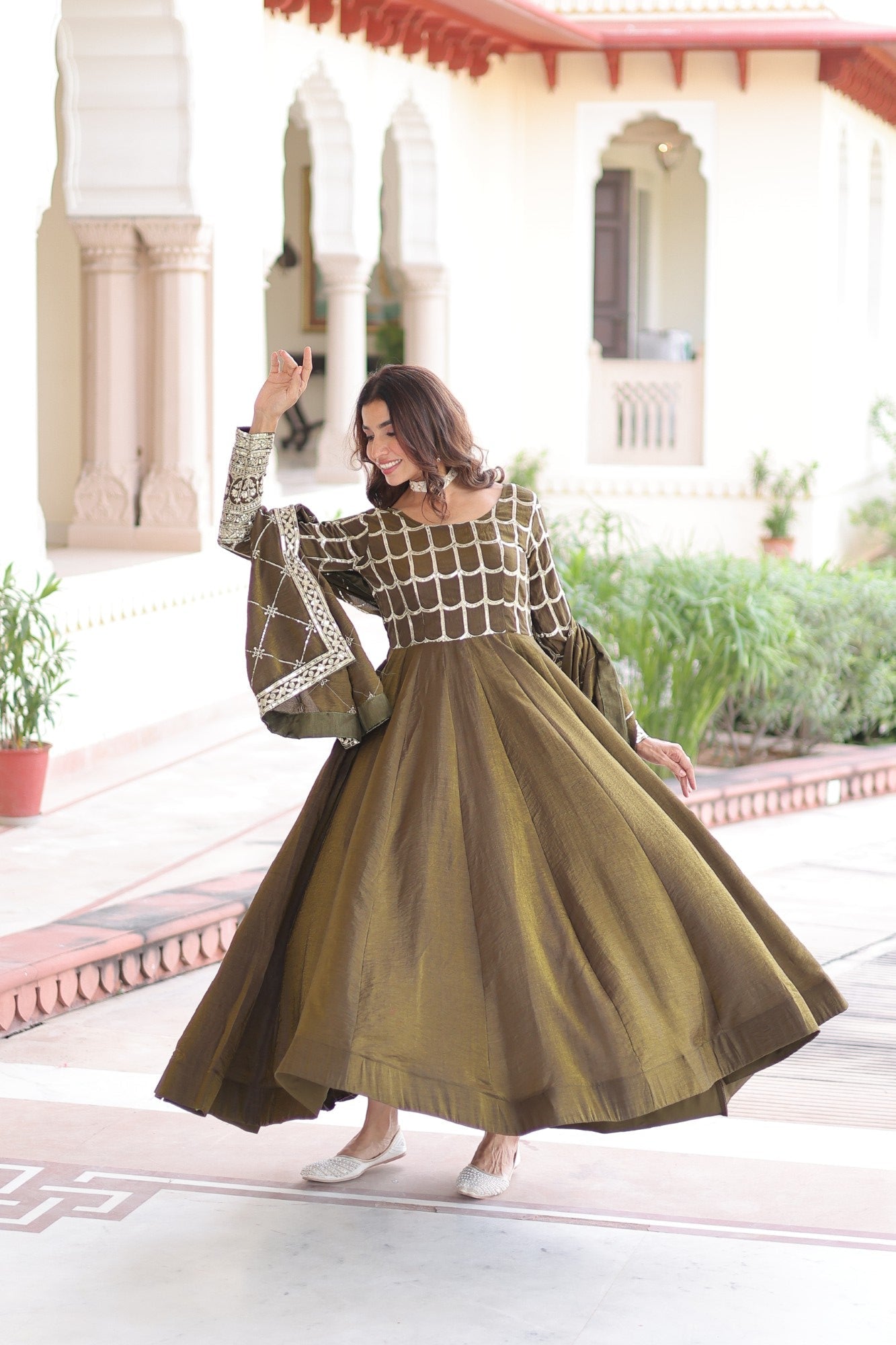Lorenvalley Fashion Mehendi Vichitra Silk with Rich Sequins & Zari Embroidered work Anarkali Gown with Dupatta - Swadesiicart