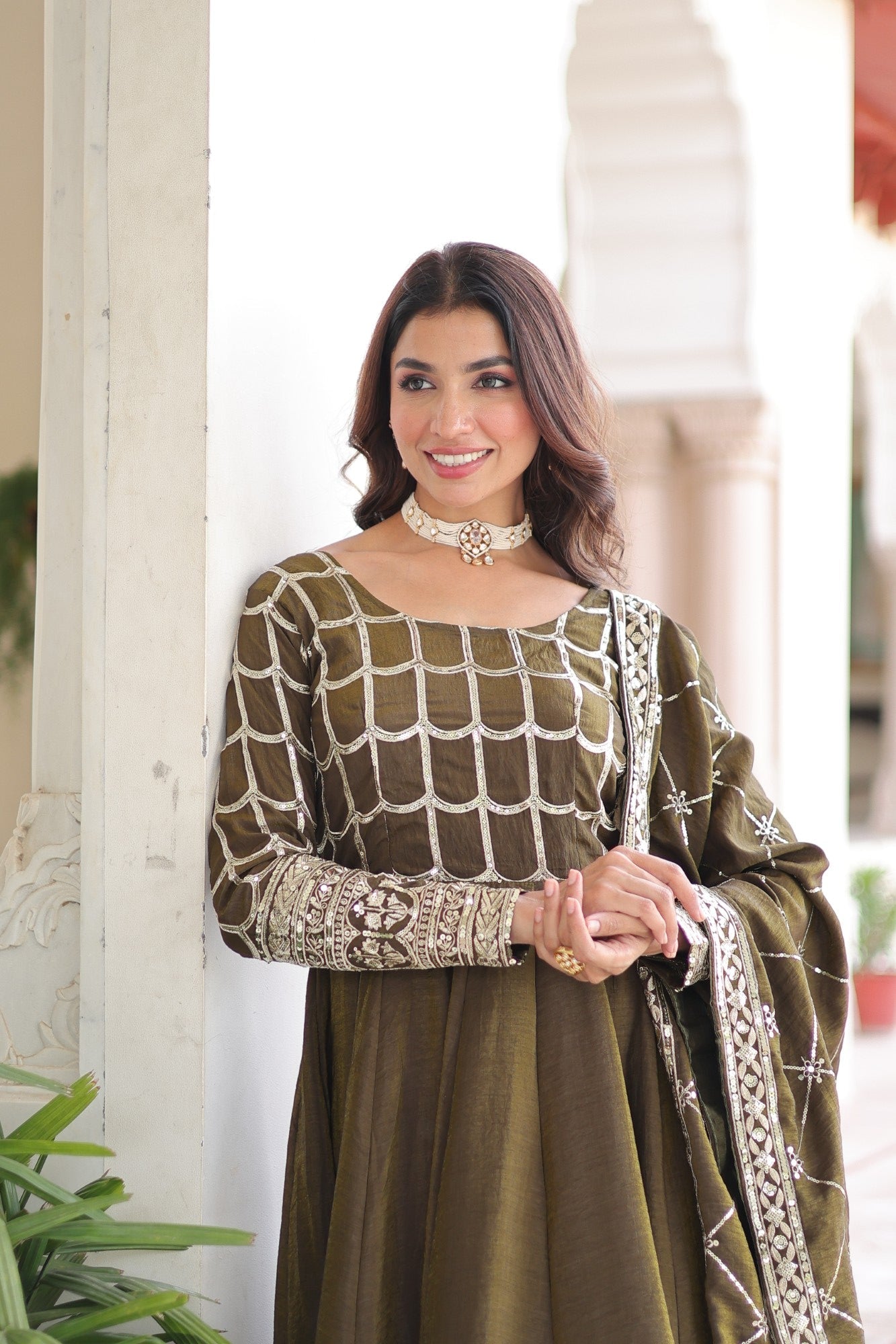 Lorenvalley Fashion Mehendi Vichitra Silk with Rich Sequins & Zari Embroidered work Anarkali Gown with Dupatta - Swadesiicart